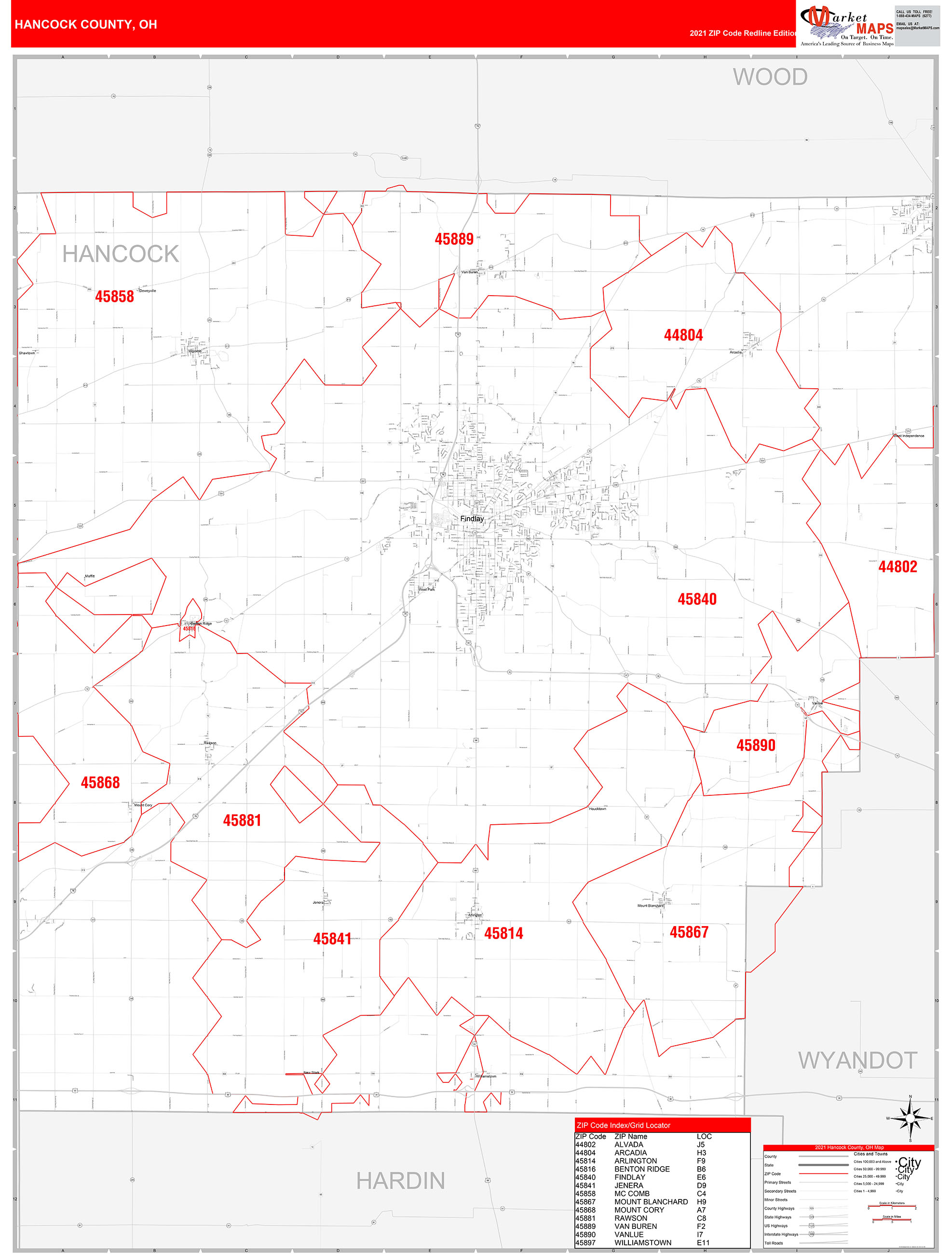 Hancock County, OH Zip Code Wall Map Red Line Style by MarketMAPS