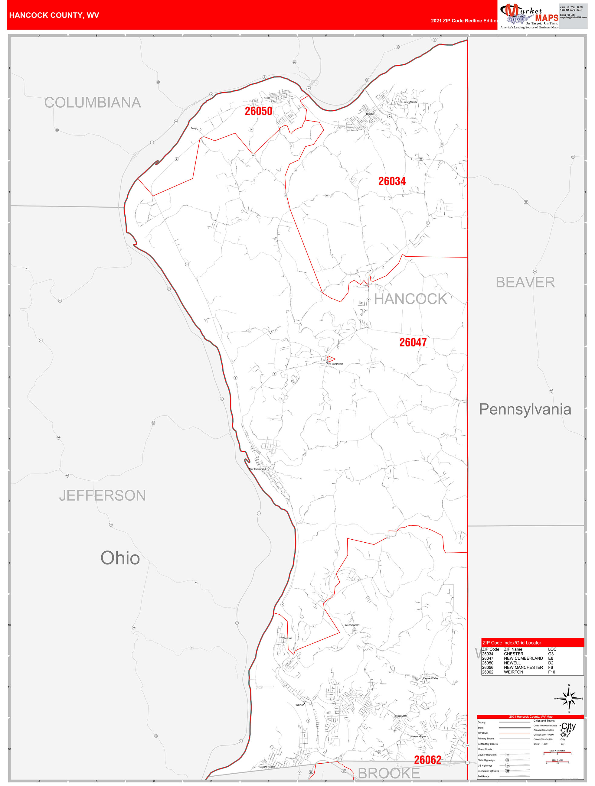Hancock County, WV Zip Code Wall Map Red Line Style by MarketMAPS