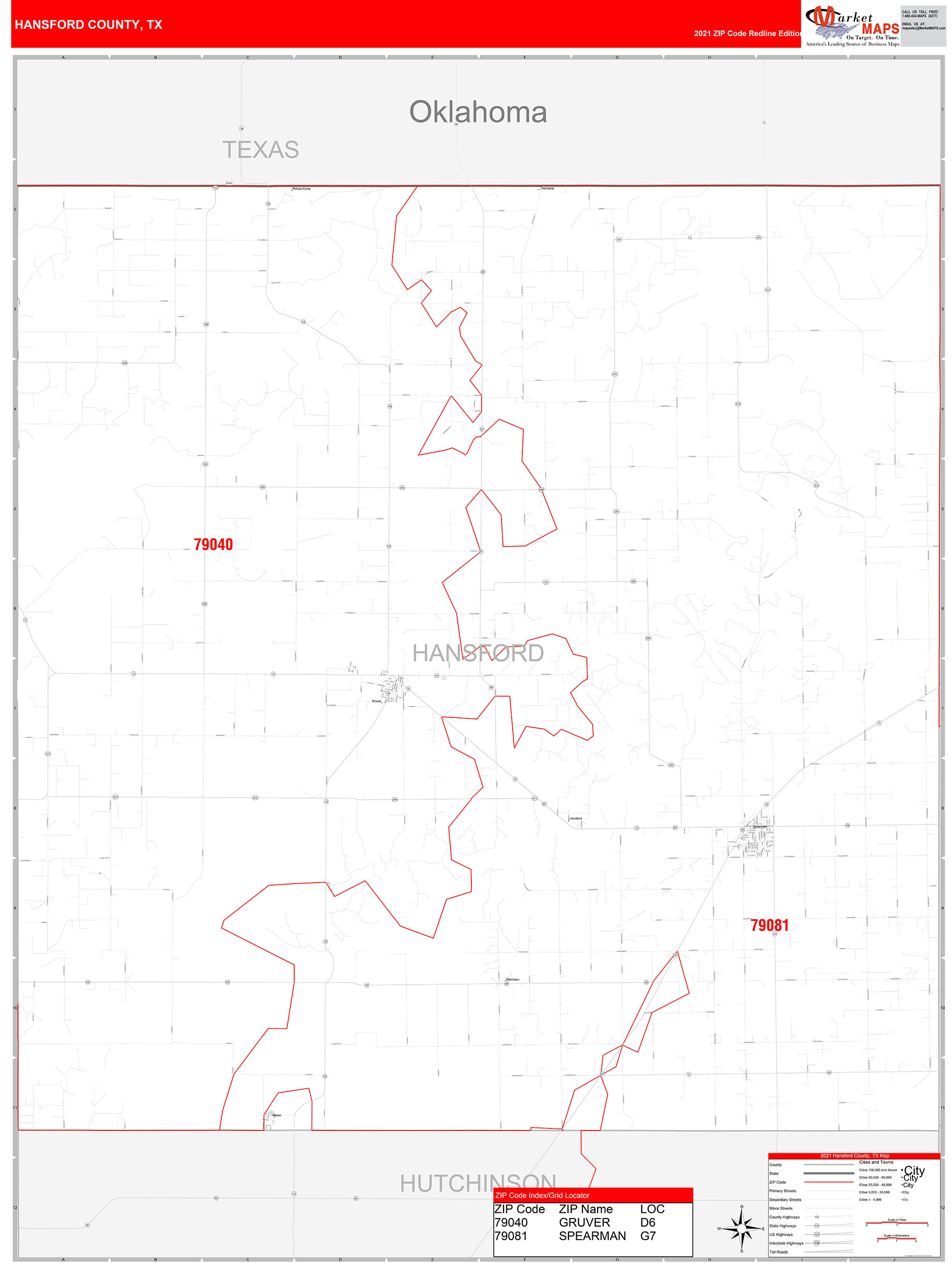 Hansford County, TX Zip Code Wall Map Red Line Style by MarketMAPS