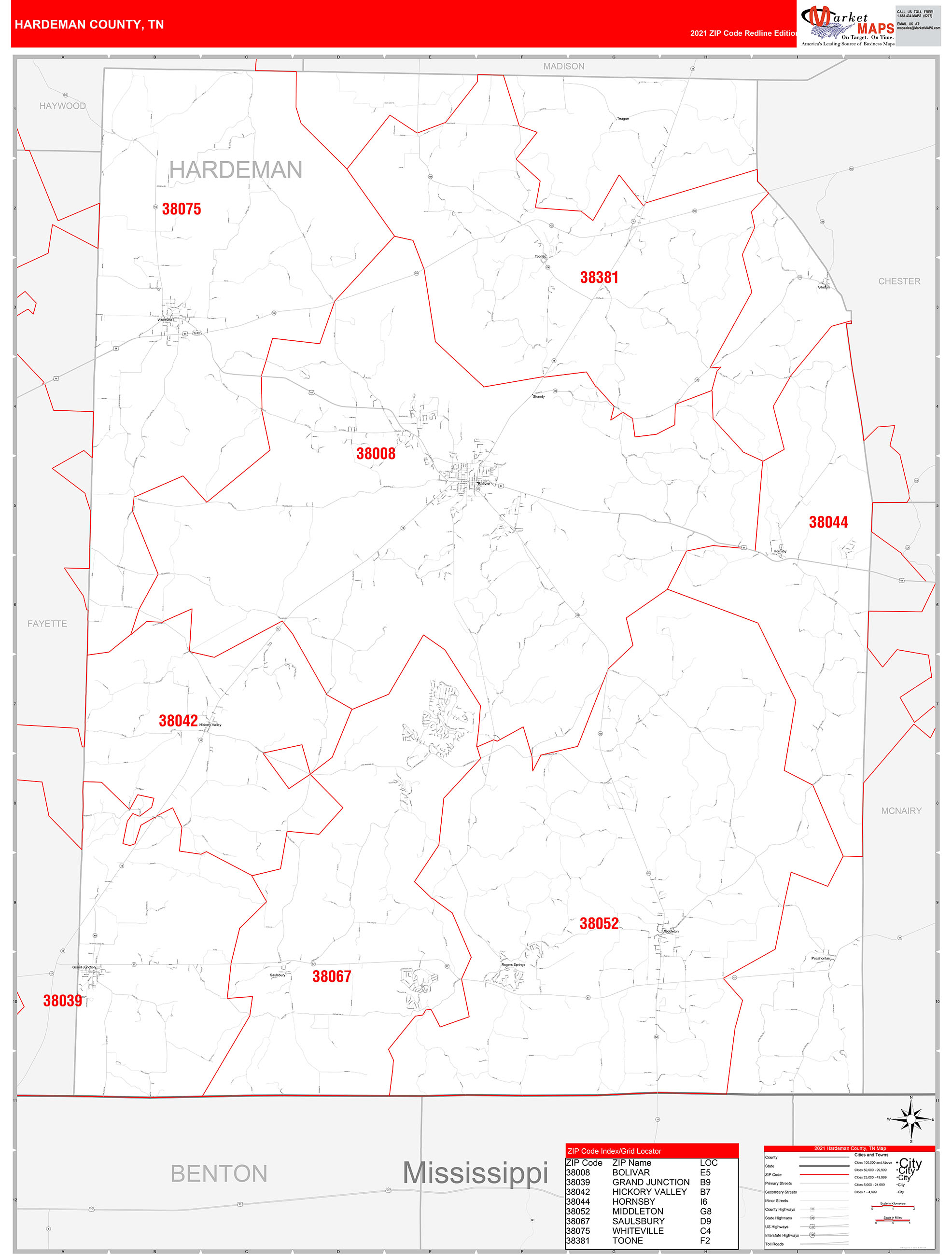 Hardeman County, TN Zip Code Wall Map Red Line Style by MarketMAPS