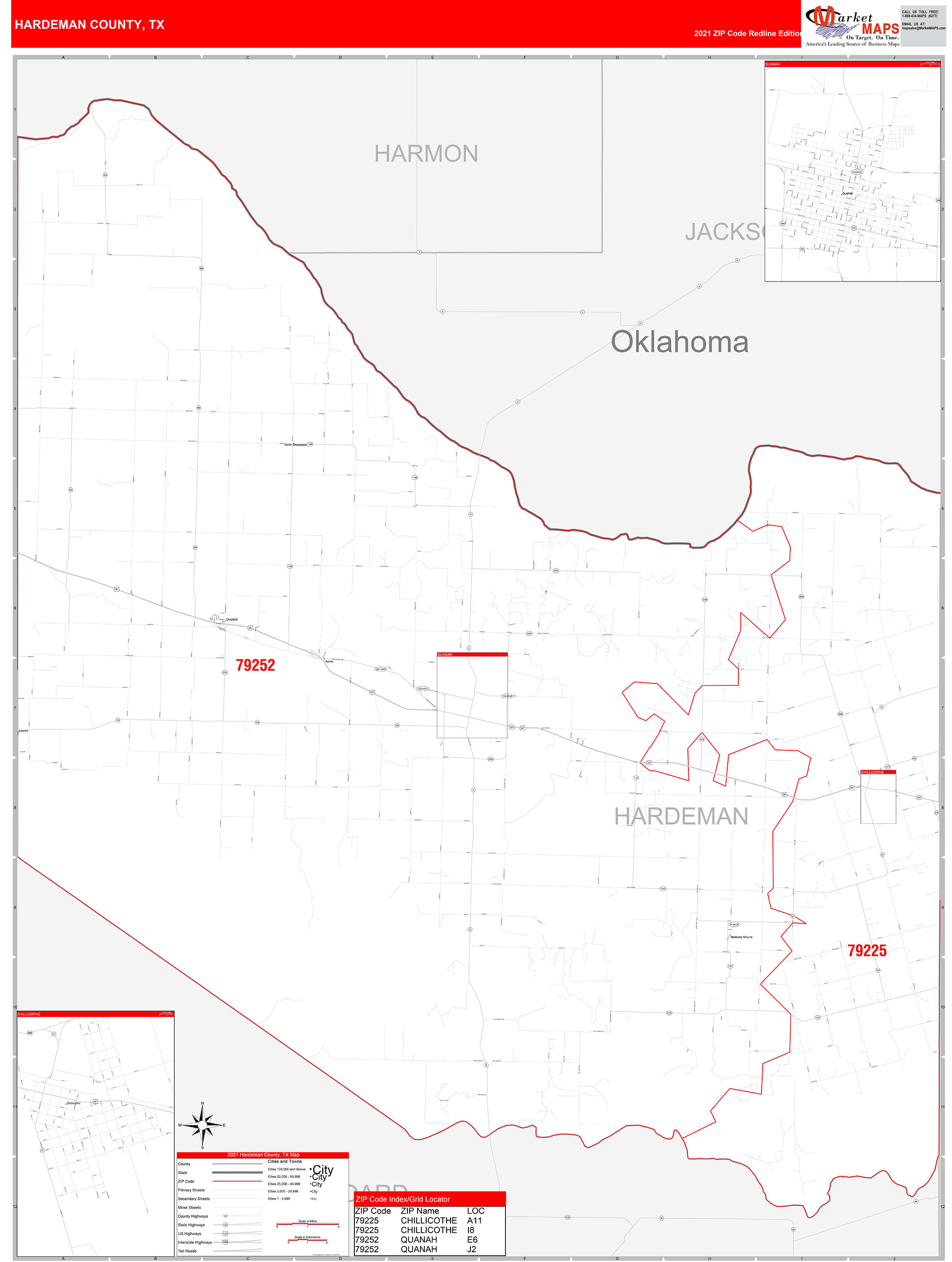 Hardeman County, TX Zip Code Wall Map Red Line Style by MarketMAPS MapSales