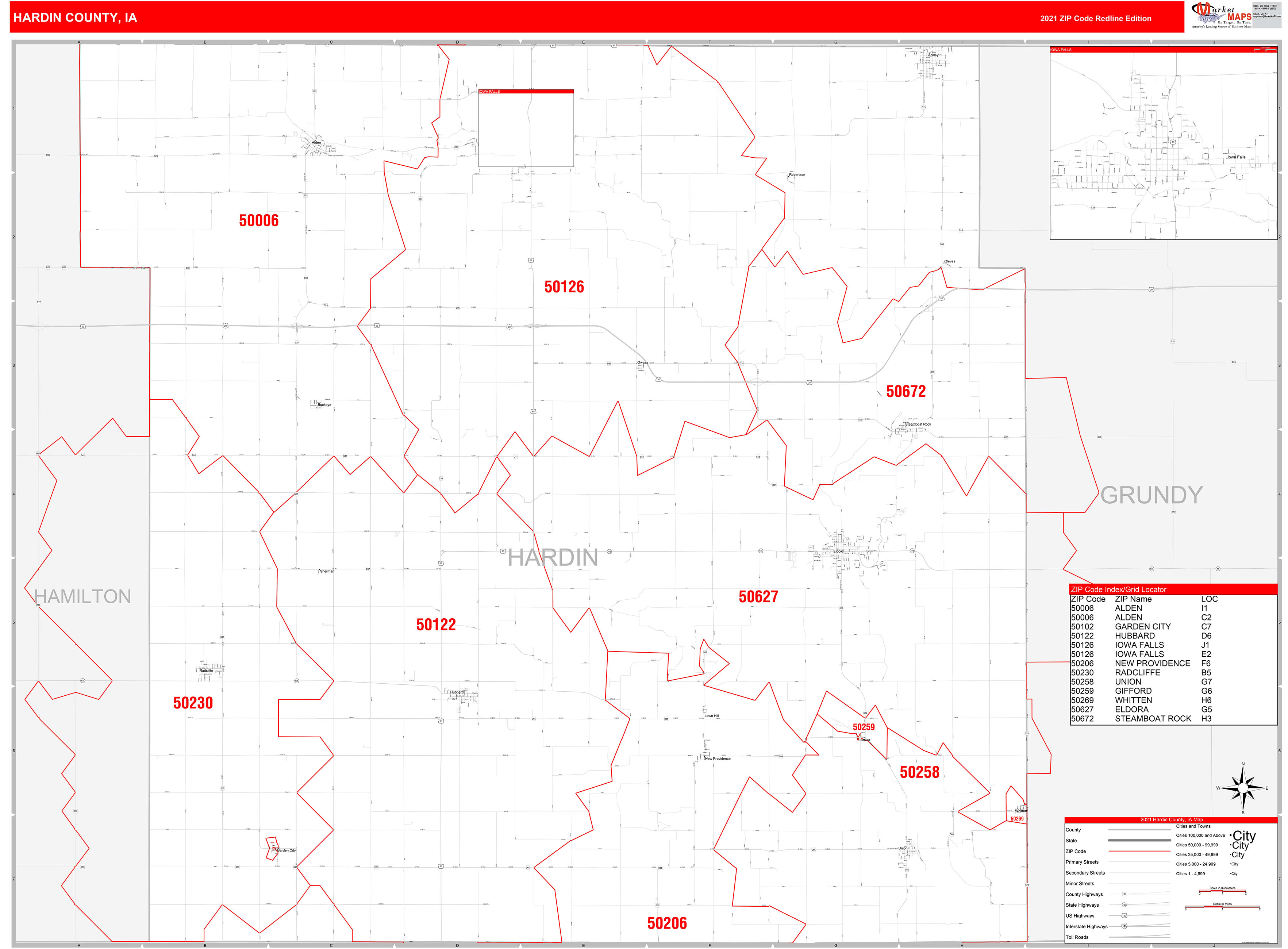 Hardin County, IA Zip Code Wall Map Red Line Style by MarketMAPS