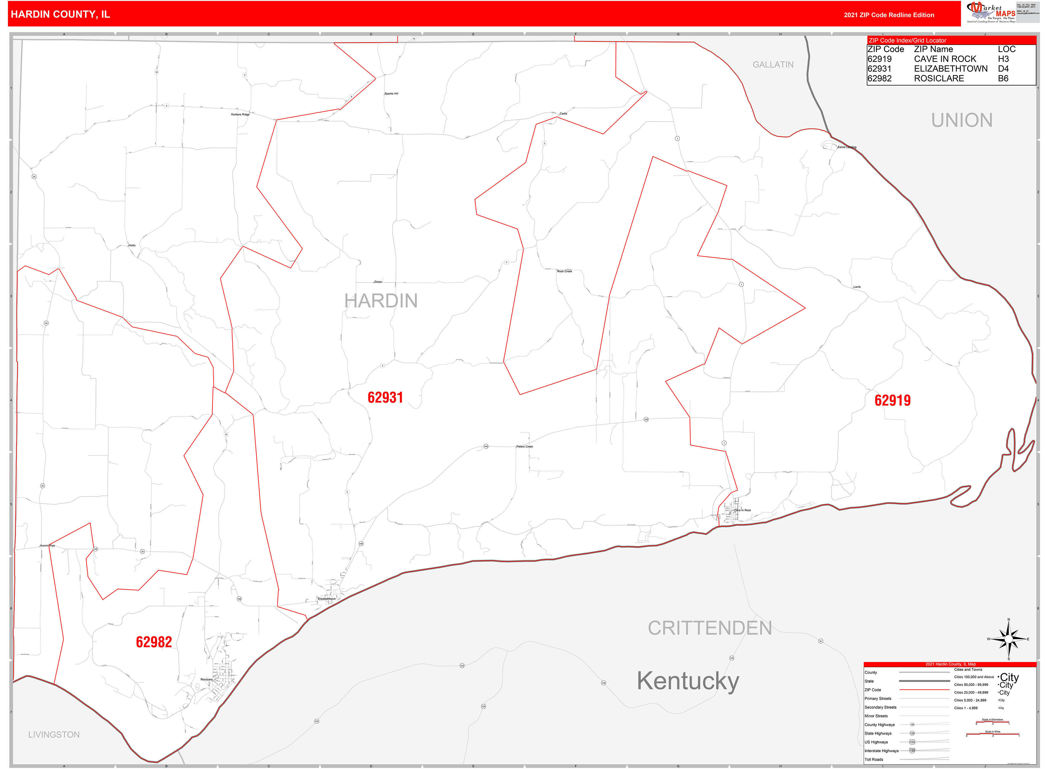 Hardin County, IL Zip Code Wall Map Red Line Style by MarketMAPS