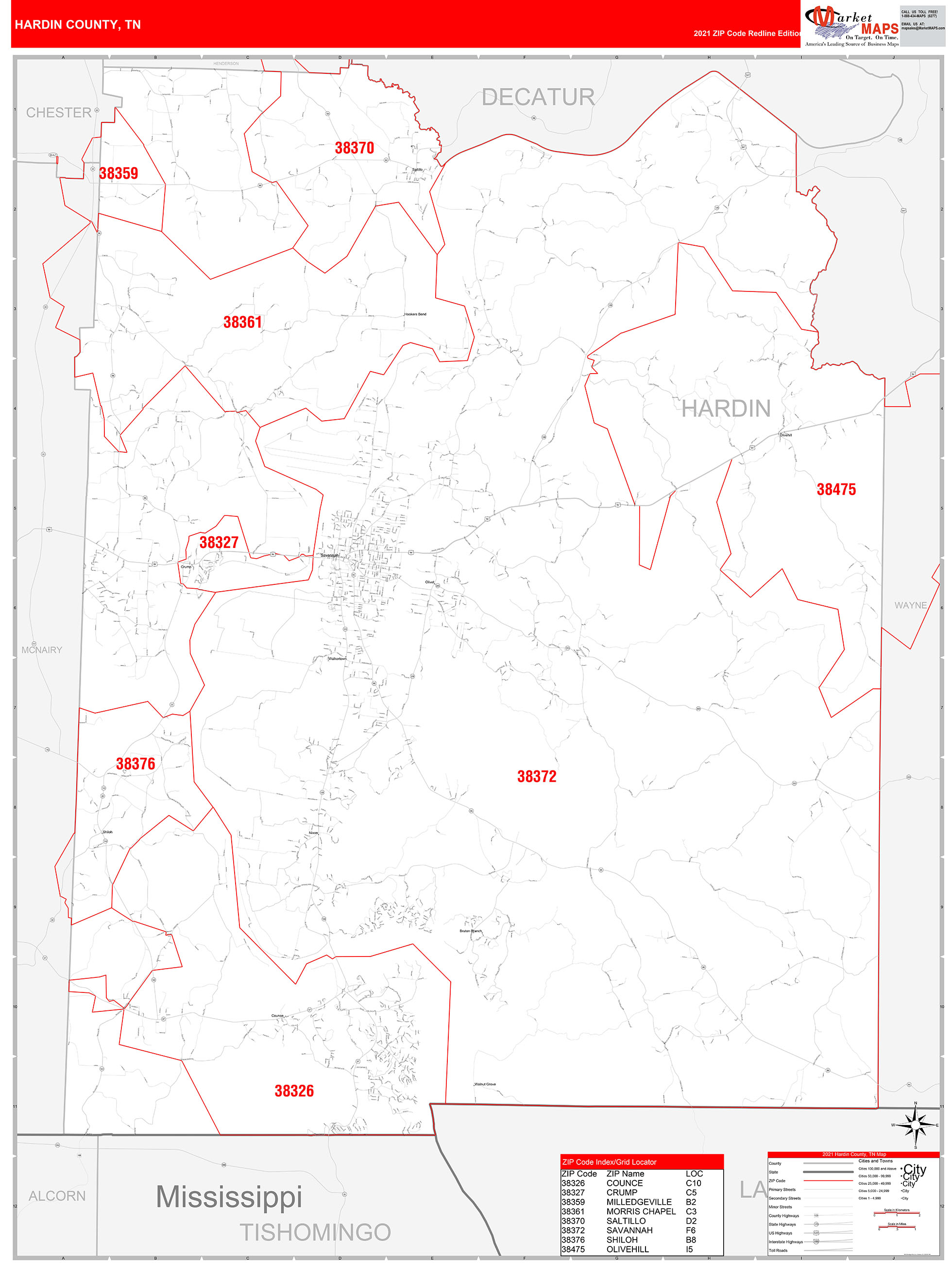Hardin County, TN Zip Code Wall Map Red Line Style by MarketMAPS