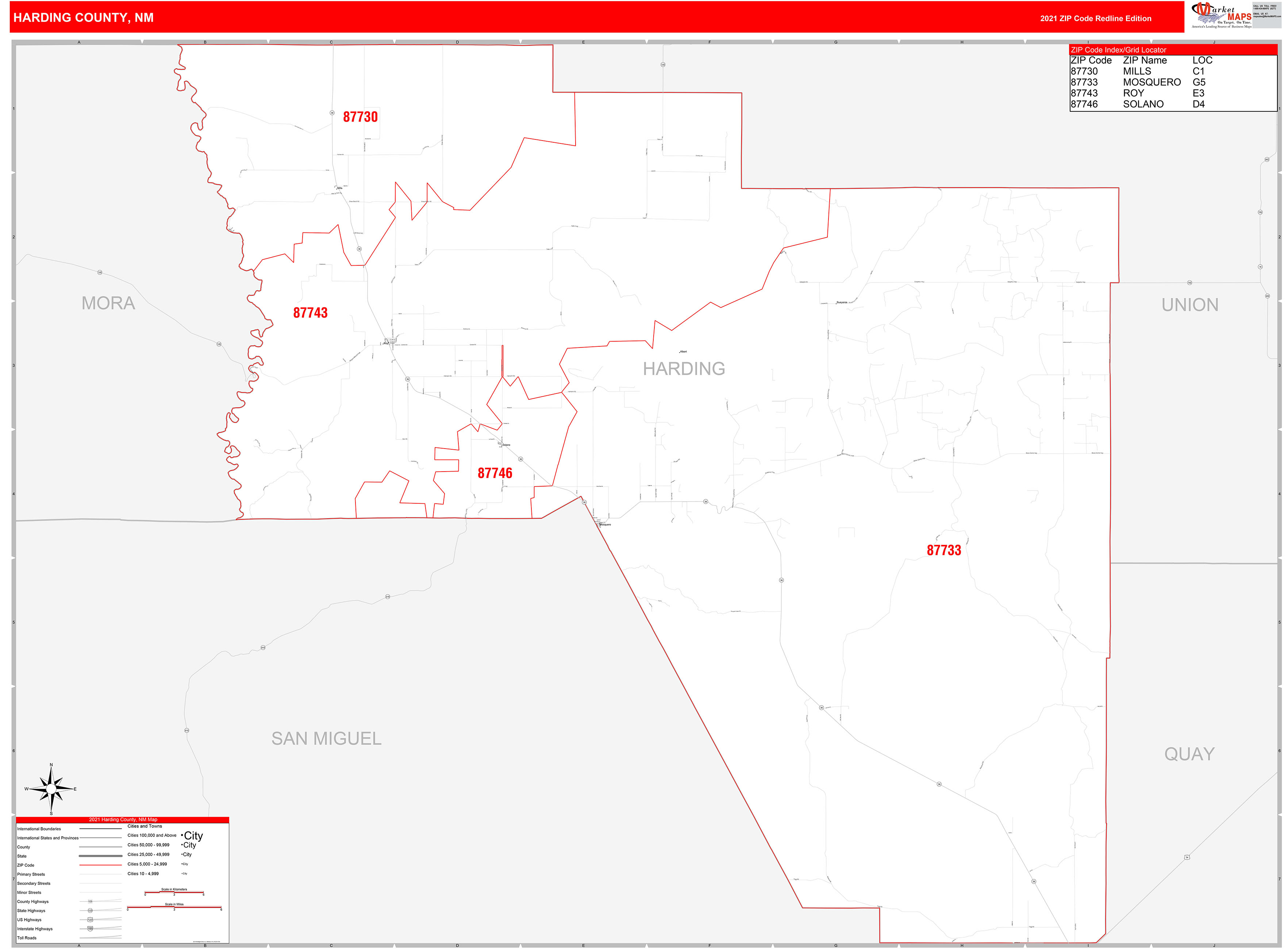 Harding County, NM Zip Code Wall Map Red Line Style by MarketMAPS