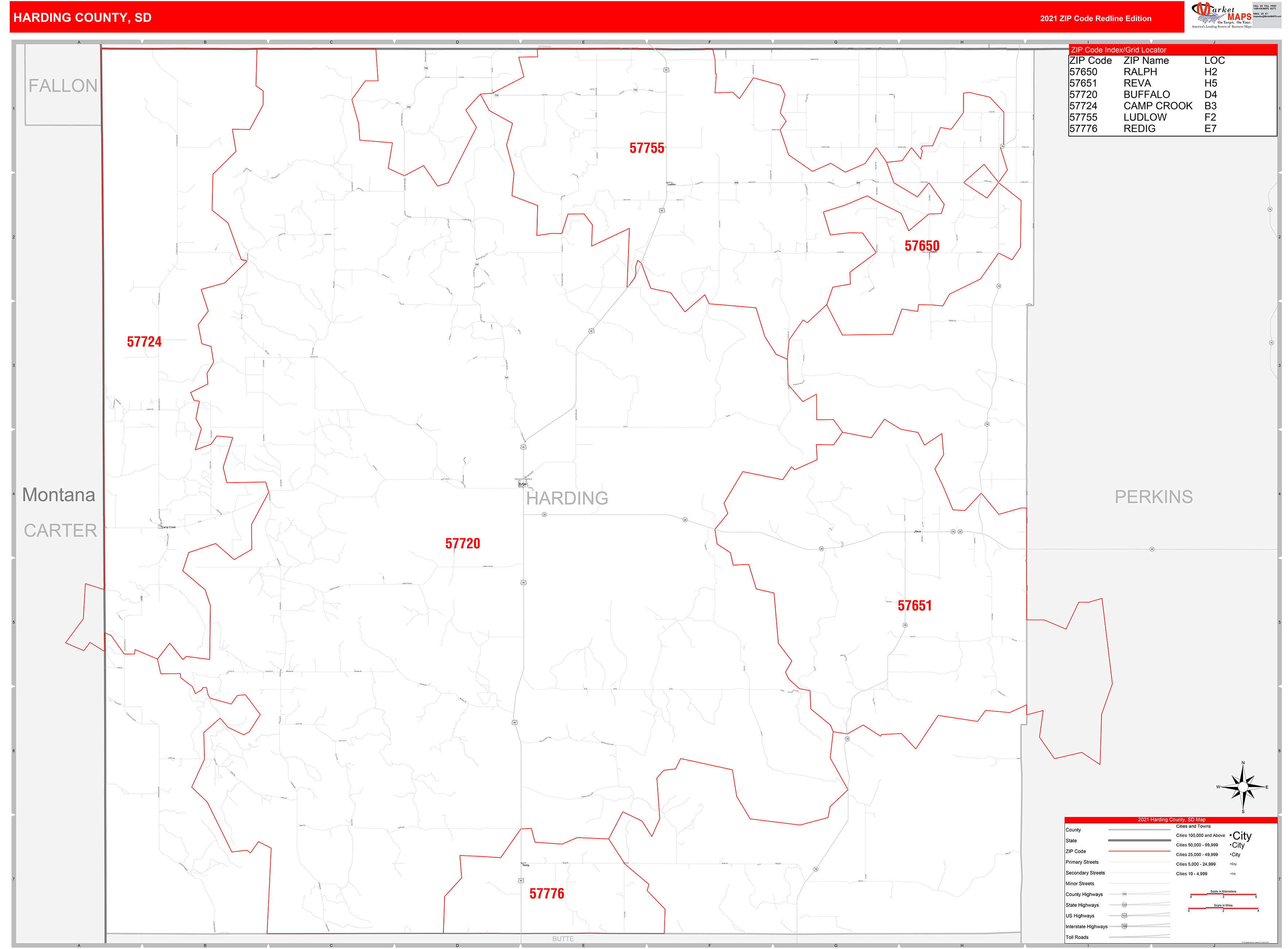Harding County, SD Zip Code Wall Map Red Line Style by MarketMAPS