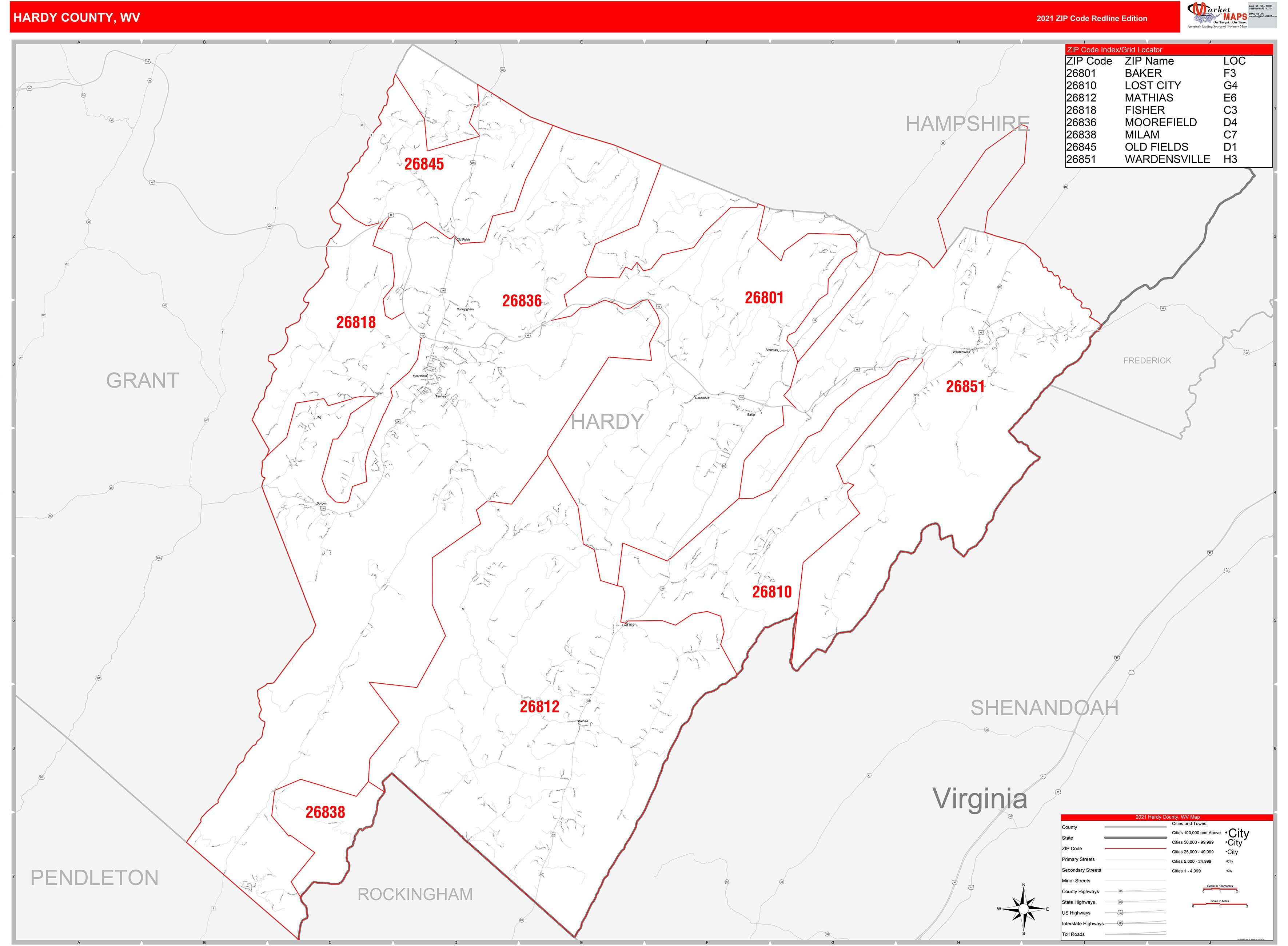 Hardy County, WV Zip Code Wall Map Red Line Style by MarketMAPS MapSales
