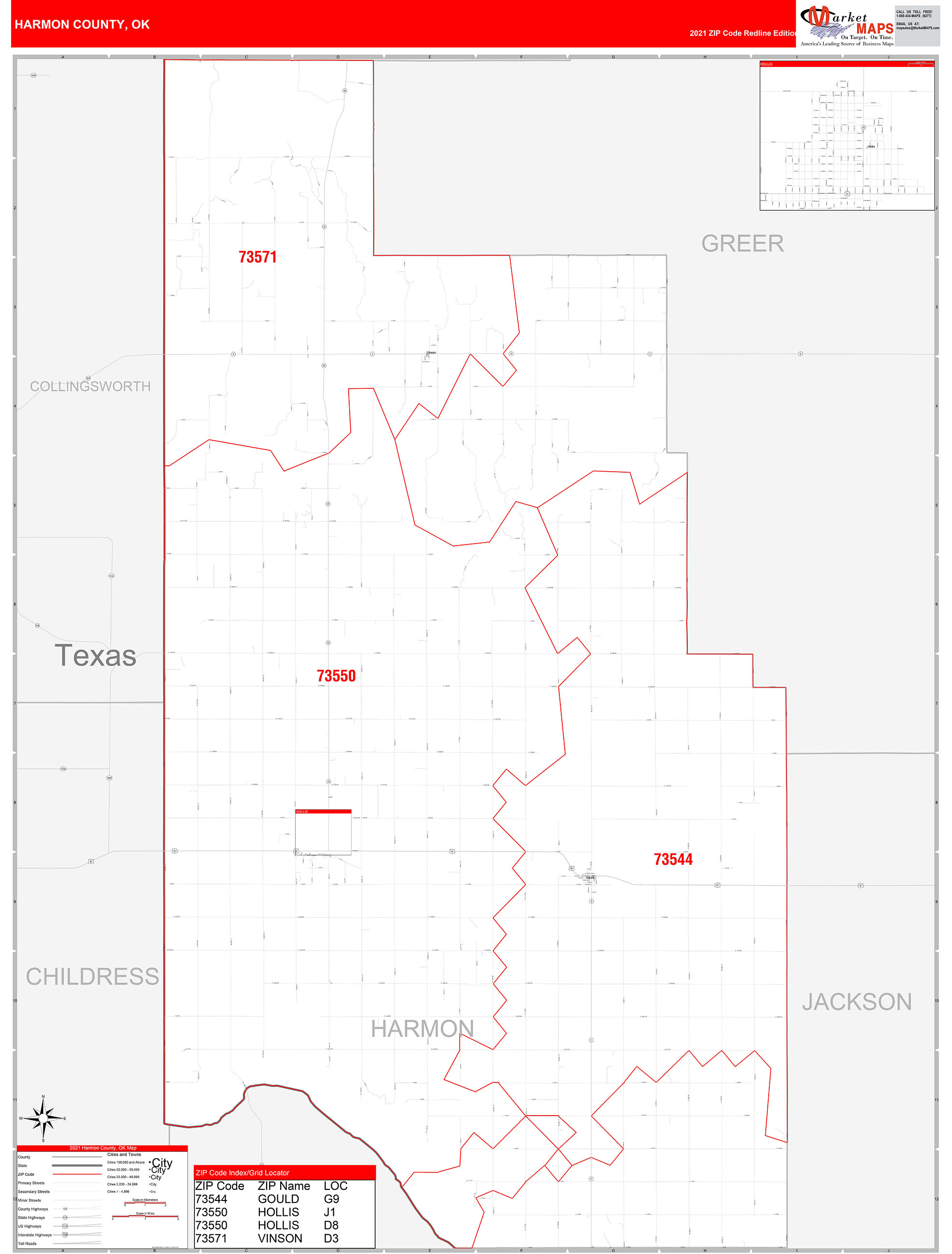 Harmon County, OK Zip Code Wall Map Red Line Style by MarketMAPS