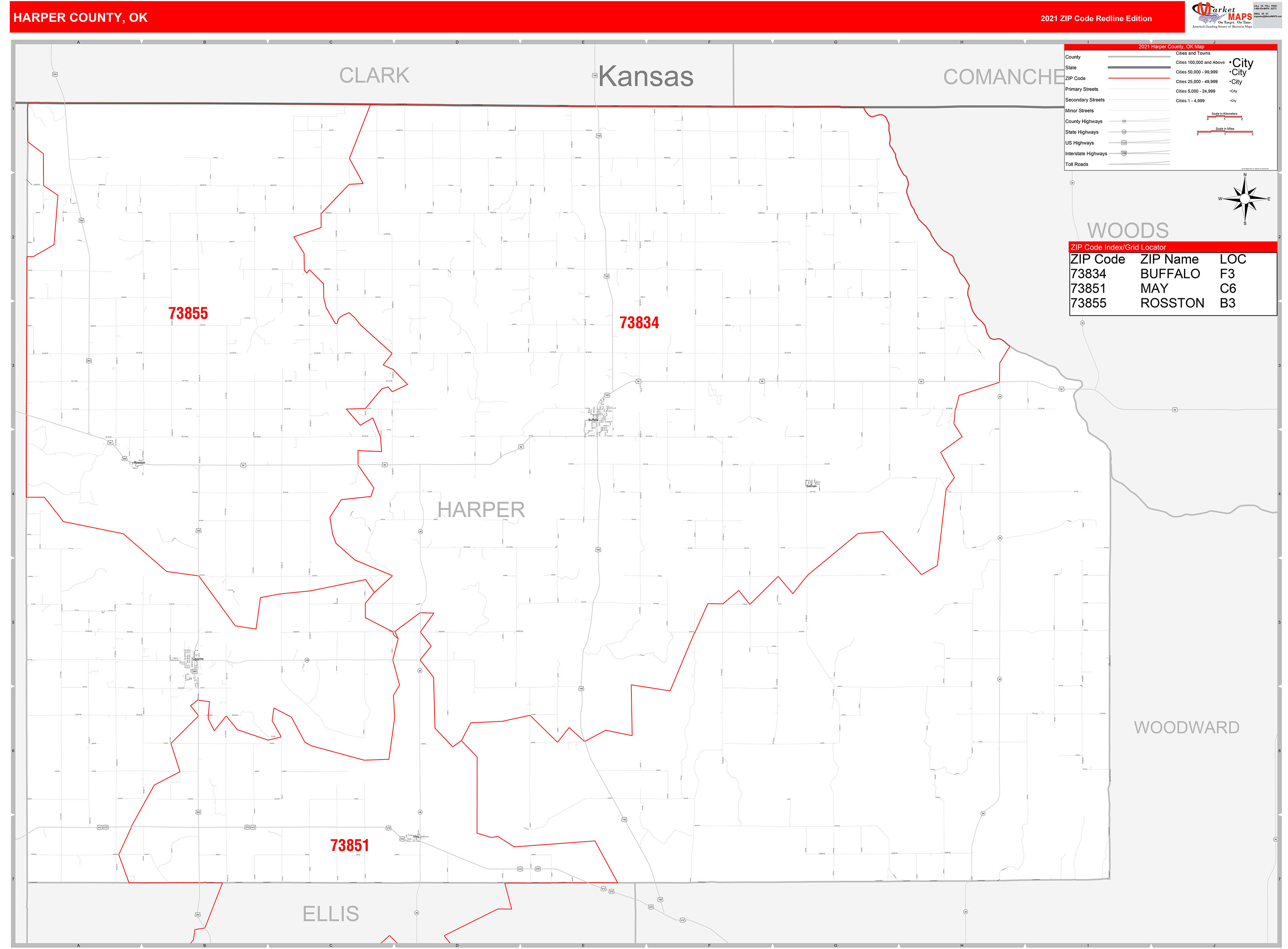 Harper County, OK Zip Code Wall Map Red Line Style by MarketMAPS MapSales