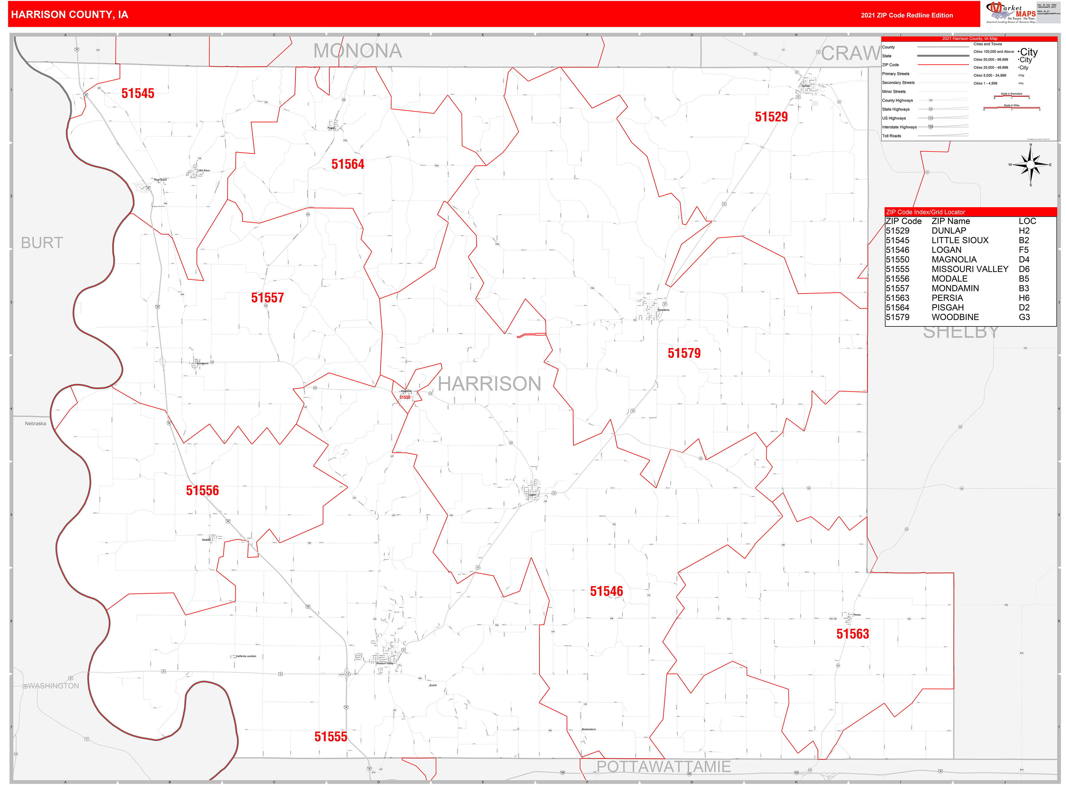 Harrison County, IA Zip Code Wall Map Red Line Style by MarketMAPS
