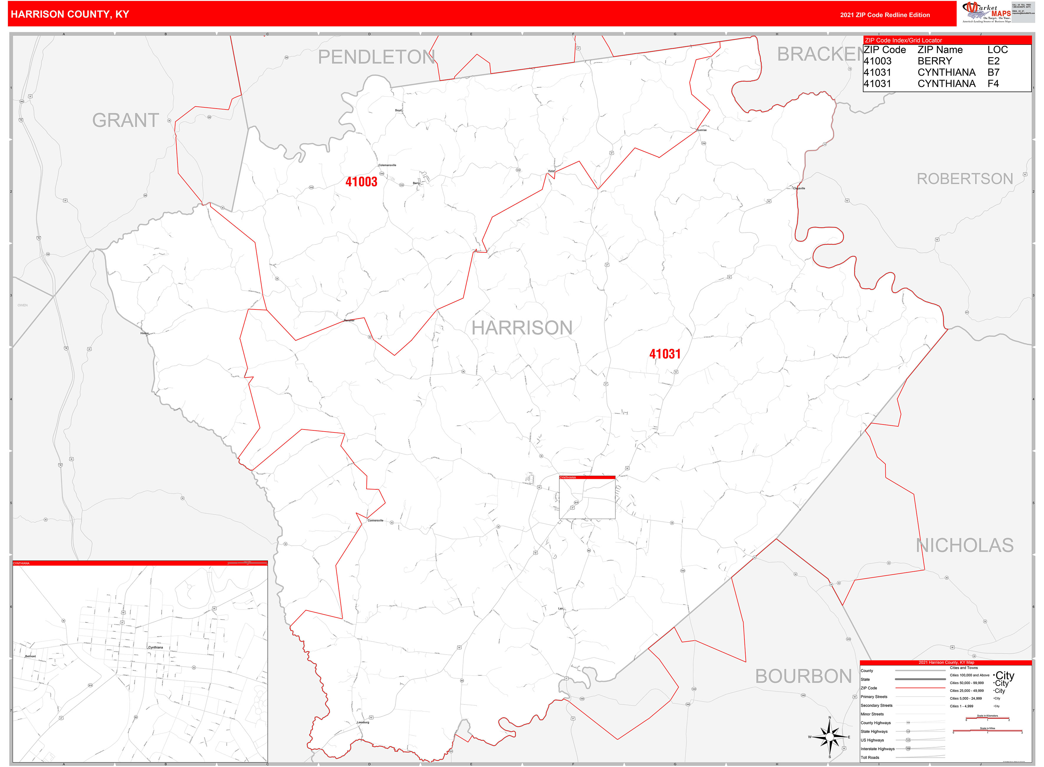 Harrison County, KY Zip Code Wall Map Red Line Style by MarketMAPS