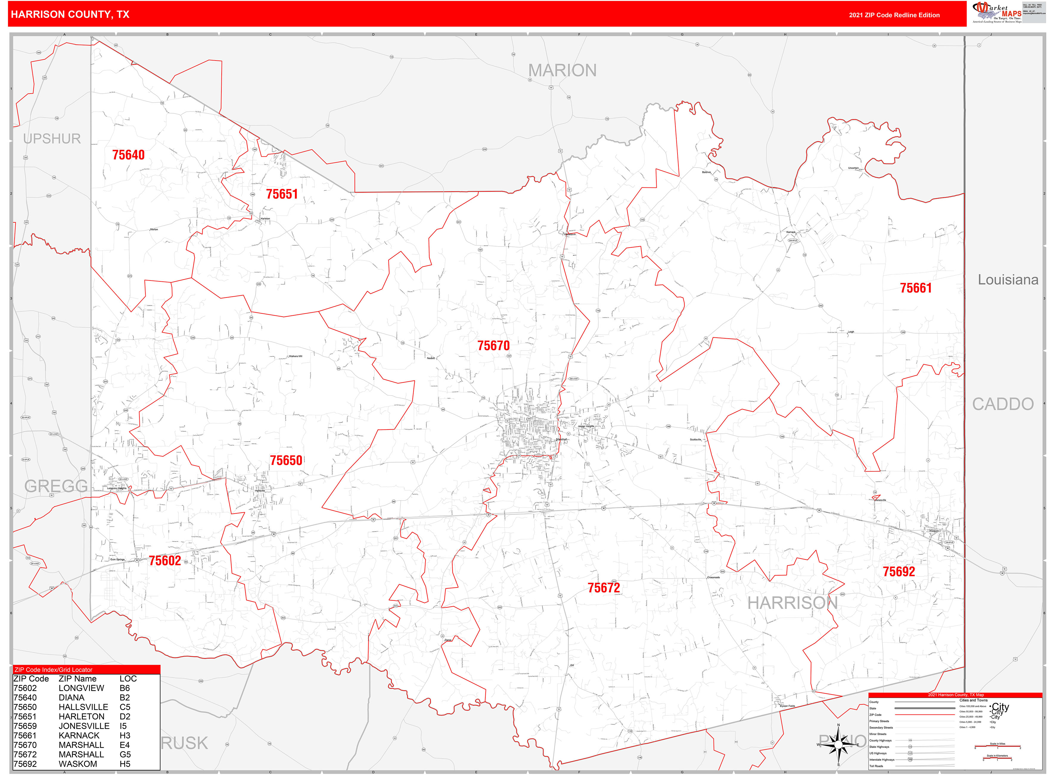 Harrison County, TX Zip Code Wall Map Red Line Style by MarketMAPS