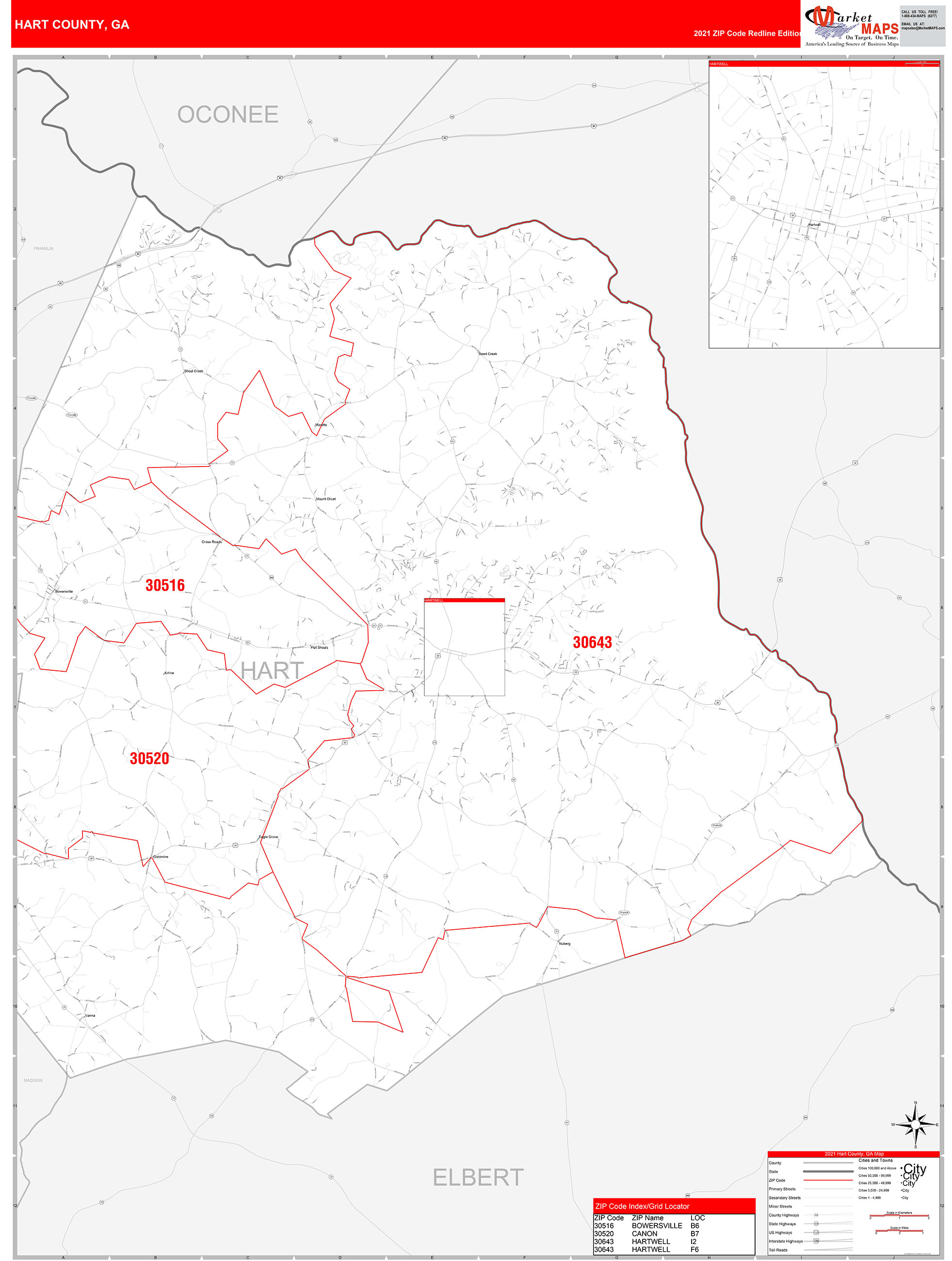 Hart County, GA Zip Code Wall Map Red Line Style by MarketMAPS MapSales