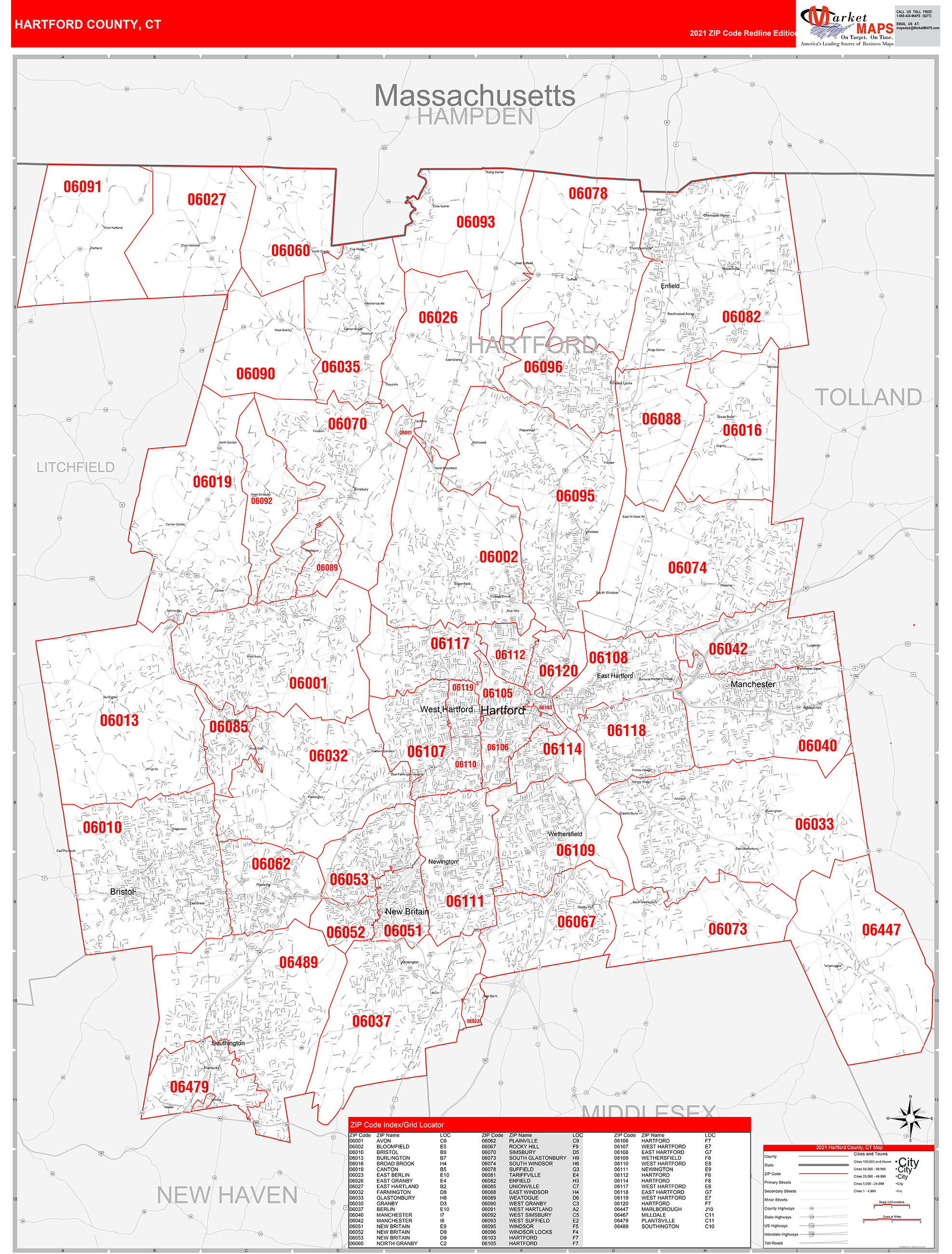 Hartford County, CT Zip Code Wall Map Red Line Style by