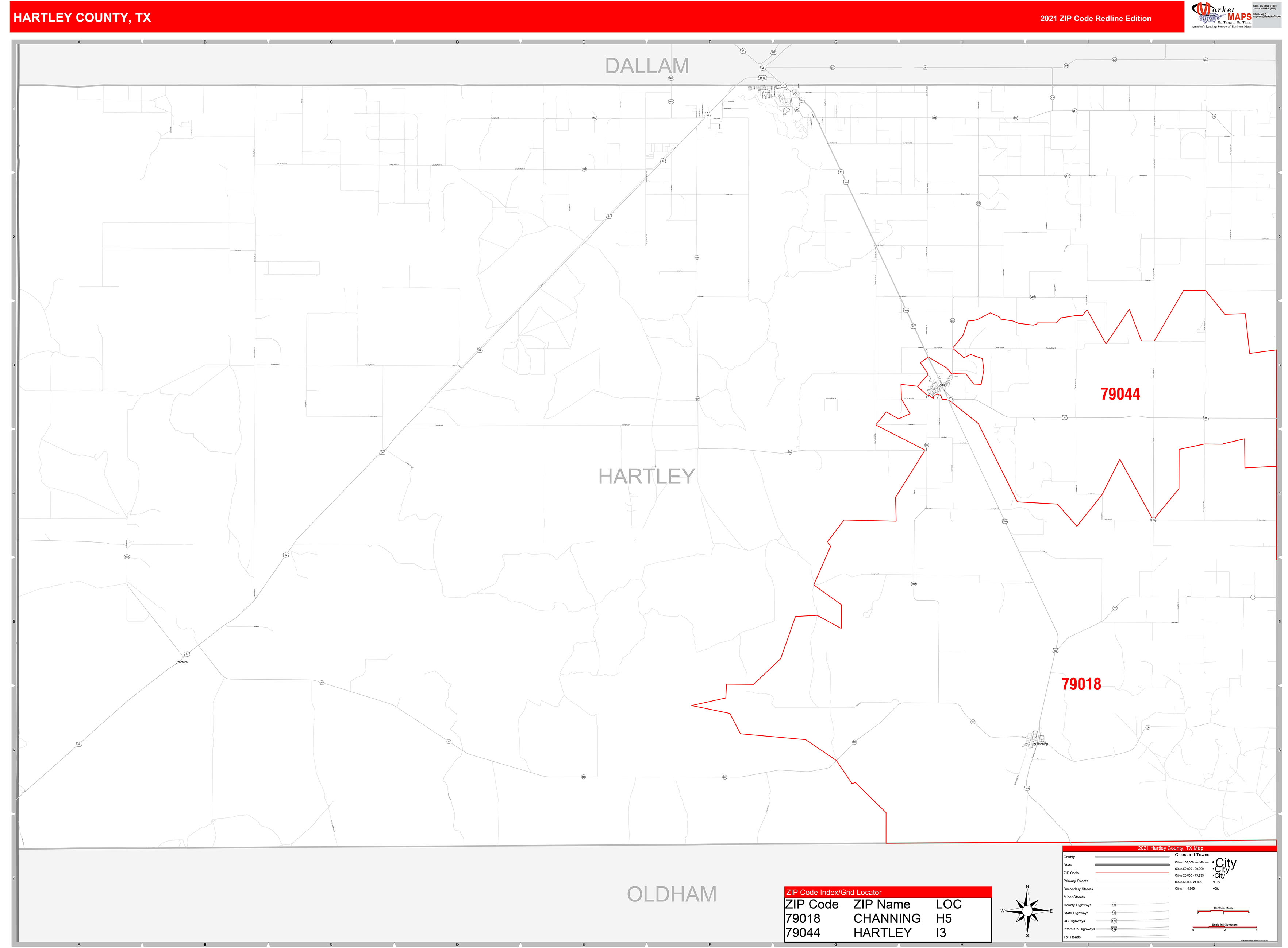 Hartley County, TX Zip Code Wall Map Red Line Style by MarketMAPS