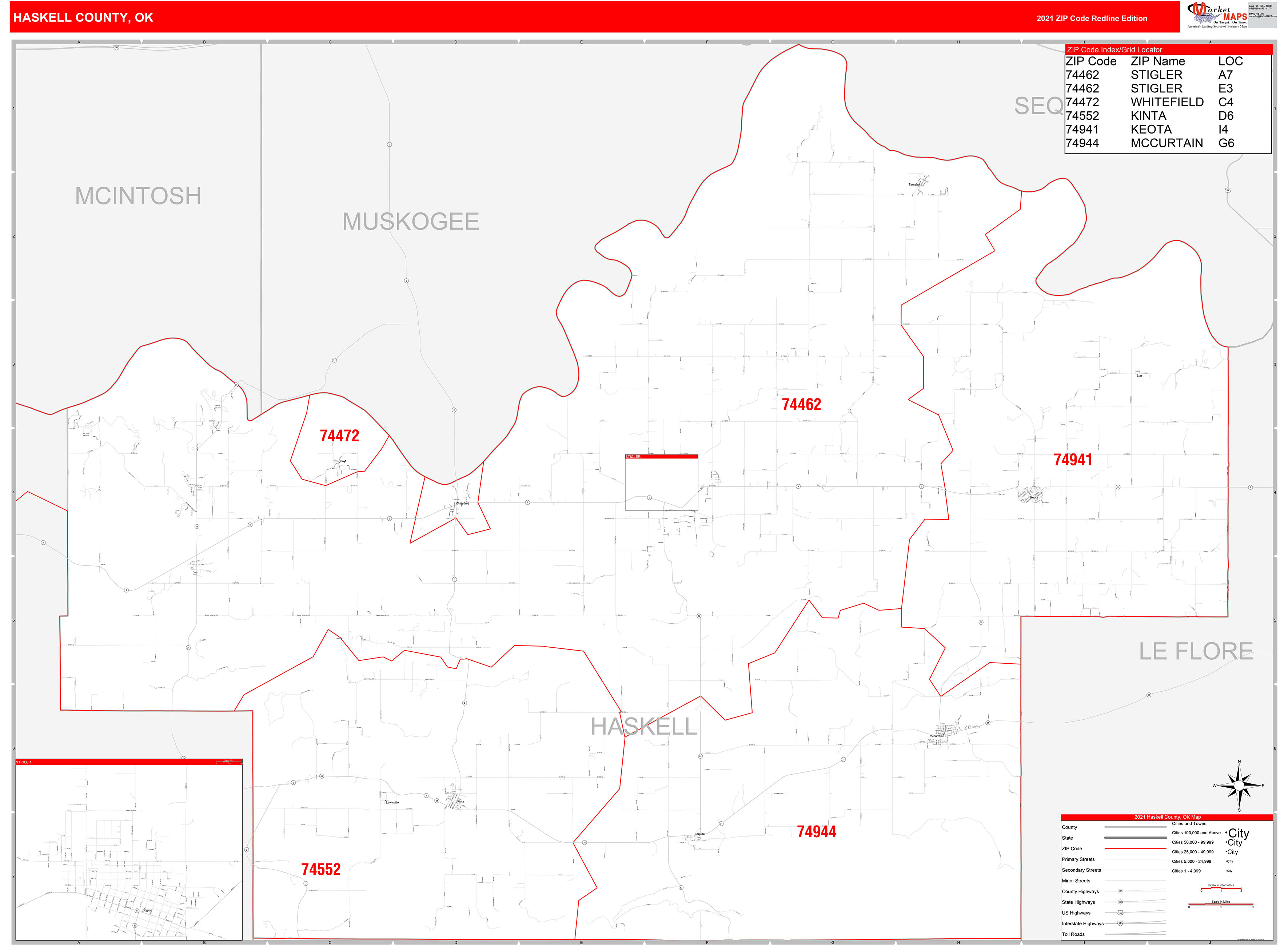 Haskell County, OK Zip Code Wall Map Red Line Style by MarketMAPS