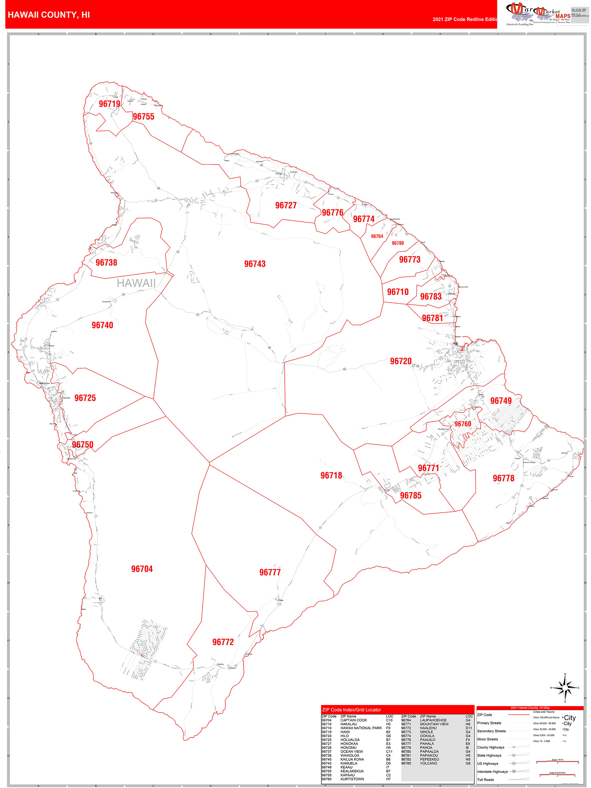 Hawaii County, HI Zip Code Wall Map Red Line Style by MarketMAPS MapSales