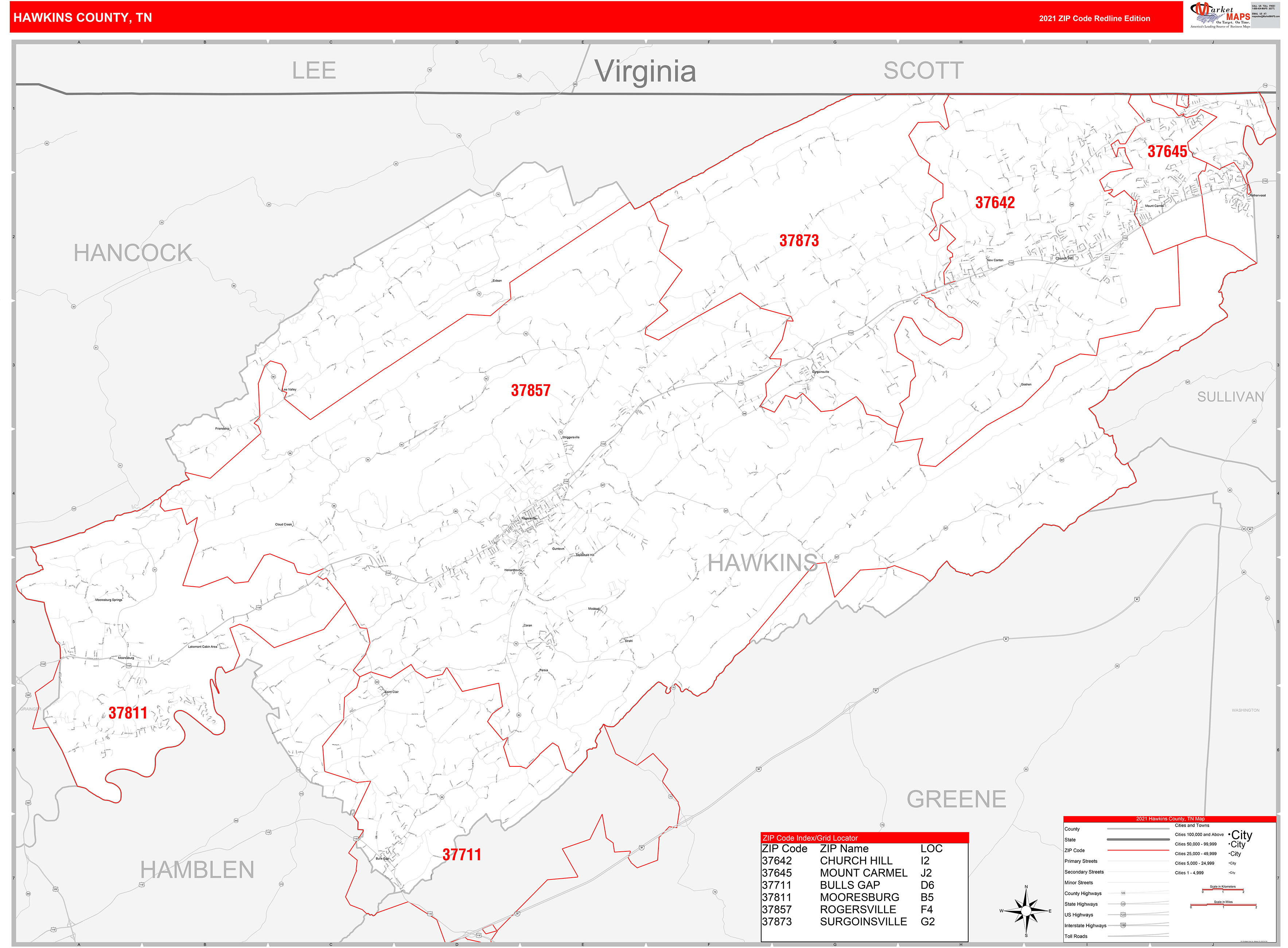 Hawkins County, TN Zip Code Wall Map Red Line Style by MarketMAPS