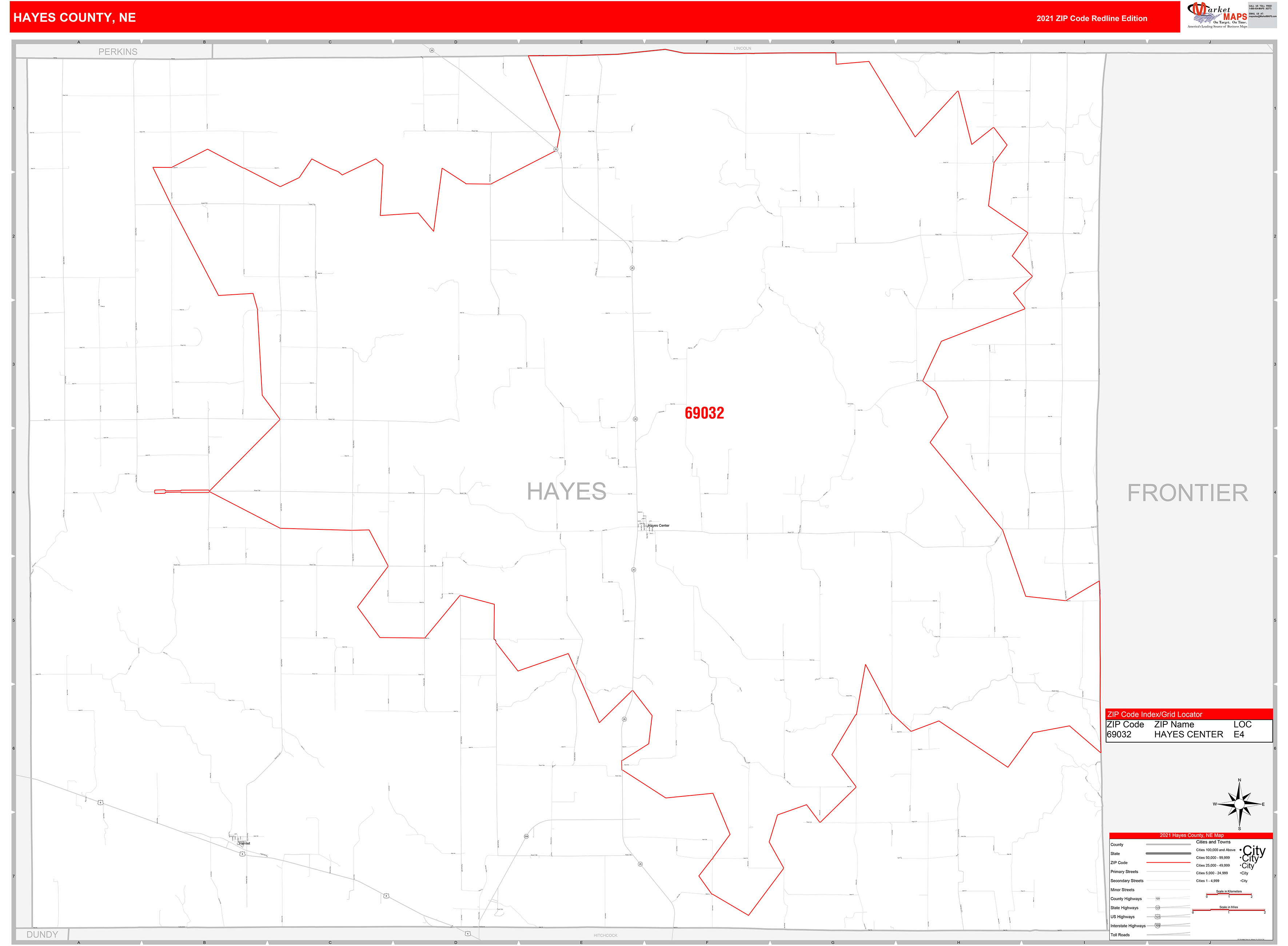 Hayes County, NE Zip Code Wall Map Red Line Style by MarketMAPS