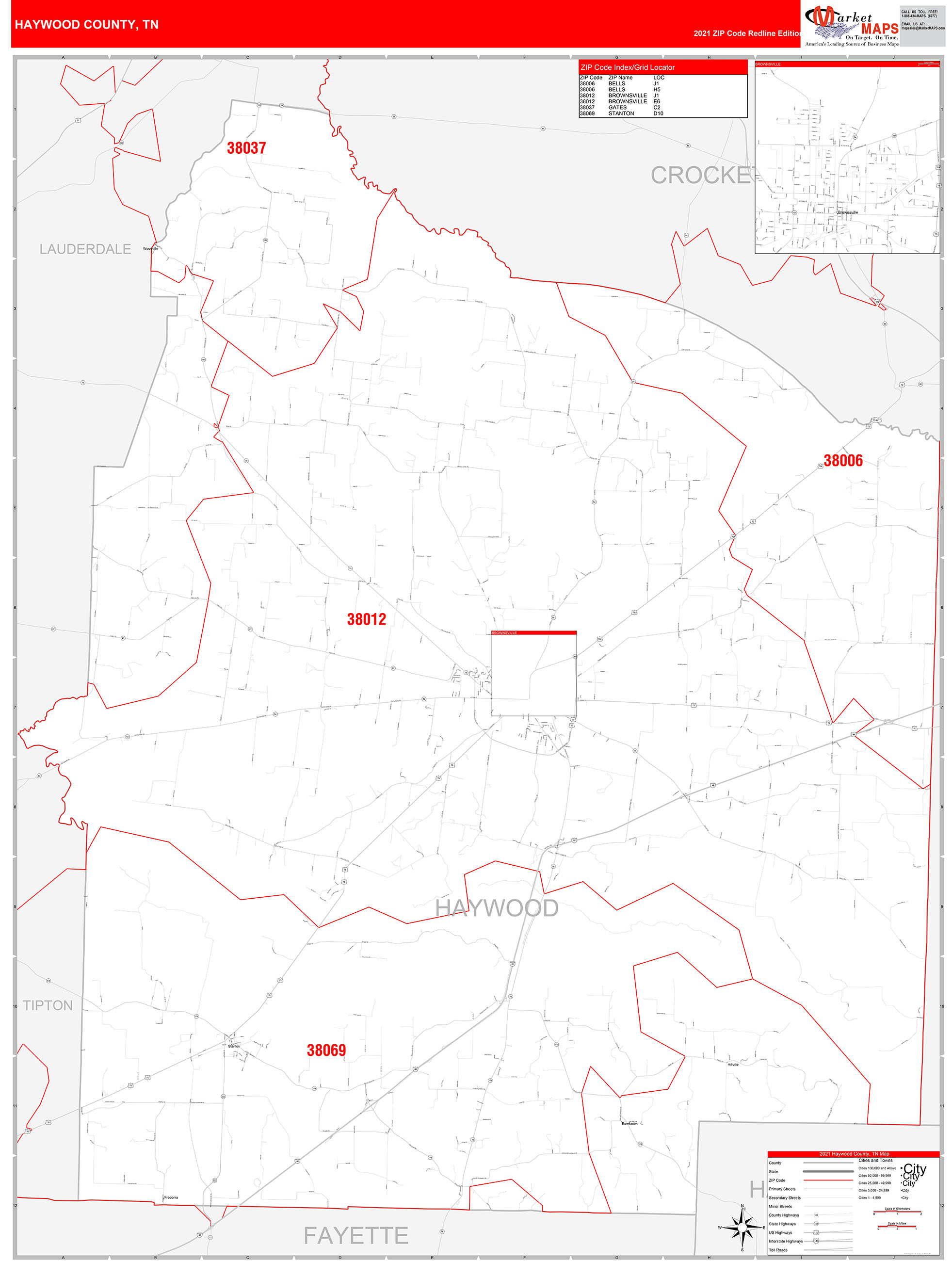 Haywood County, TN Zip Code Wall Map Red Line Style by MarketMAPS
