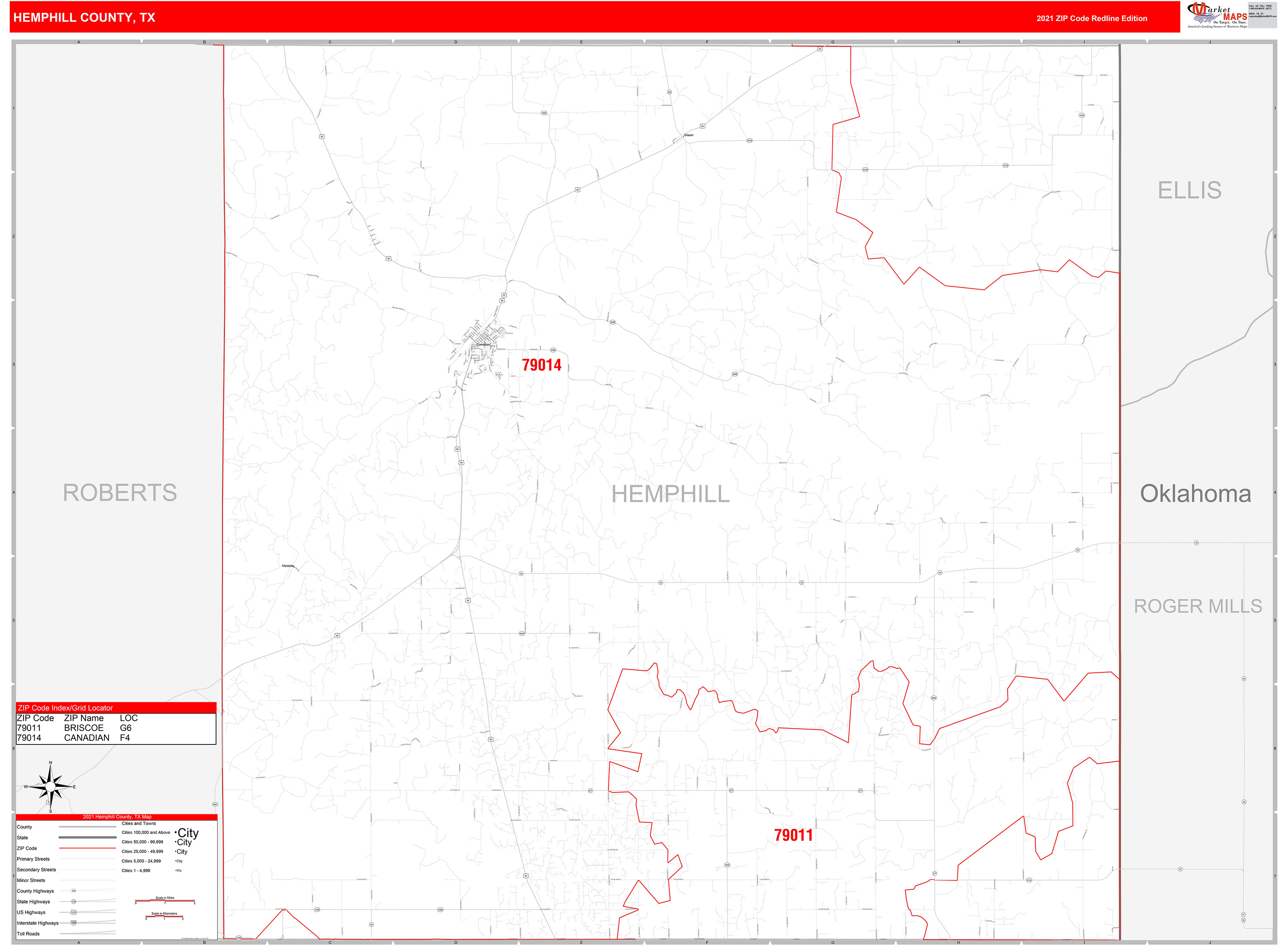 Hemphill County, TX Zip Code Wall Map Red Line Style by MarketMAPS