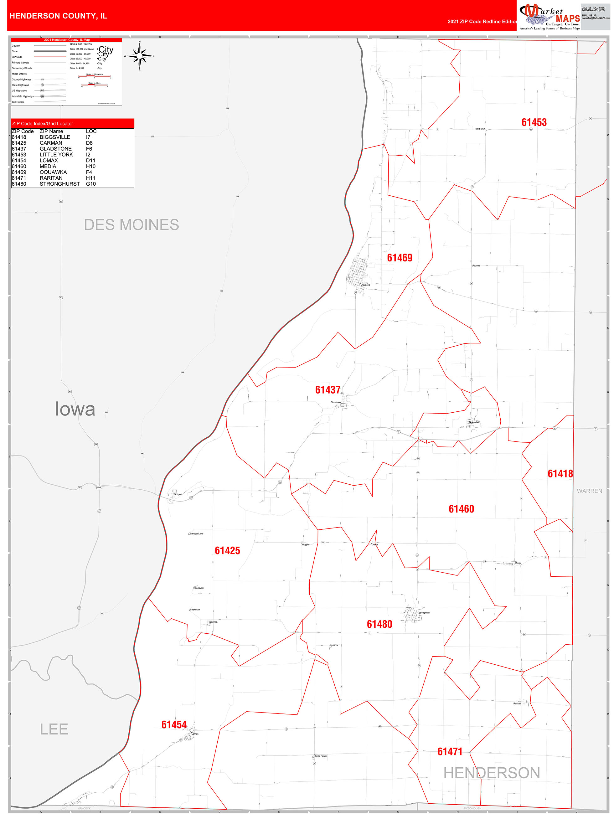 Henderson County, IL Zip Code Wall Map Red Line Style by MarketMAPS