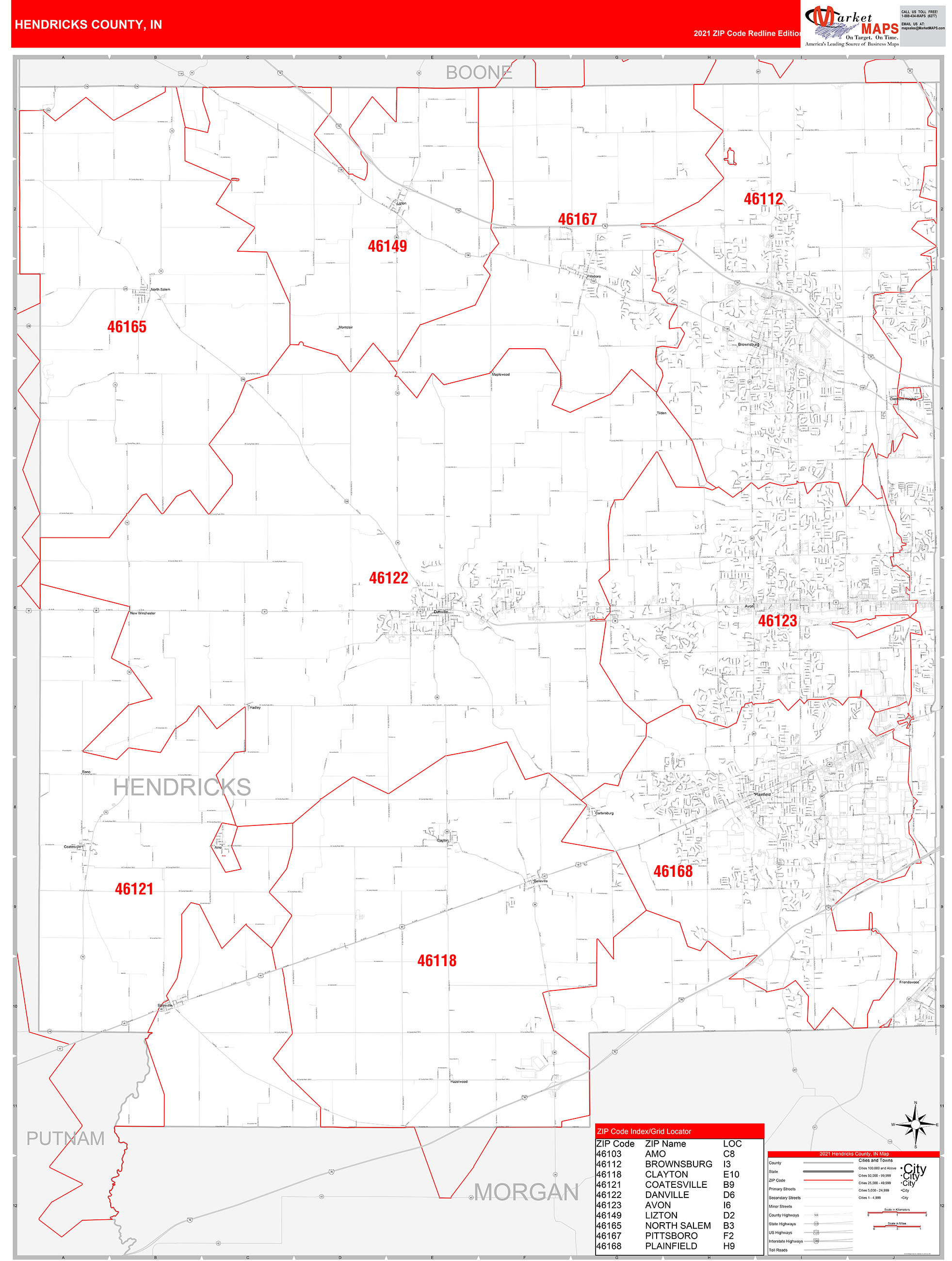 Hendricks County, IN Zip Code Wall Map Red Line Style by MarketMAPS