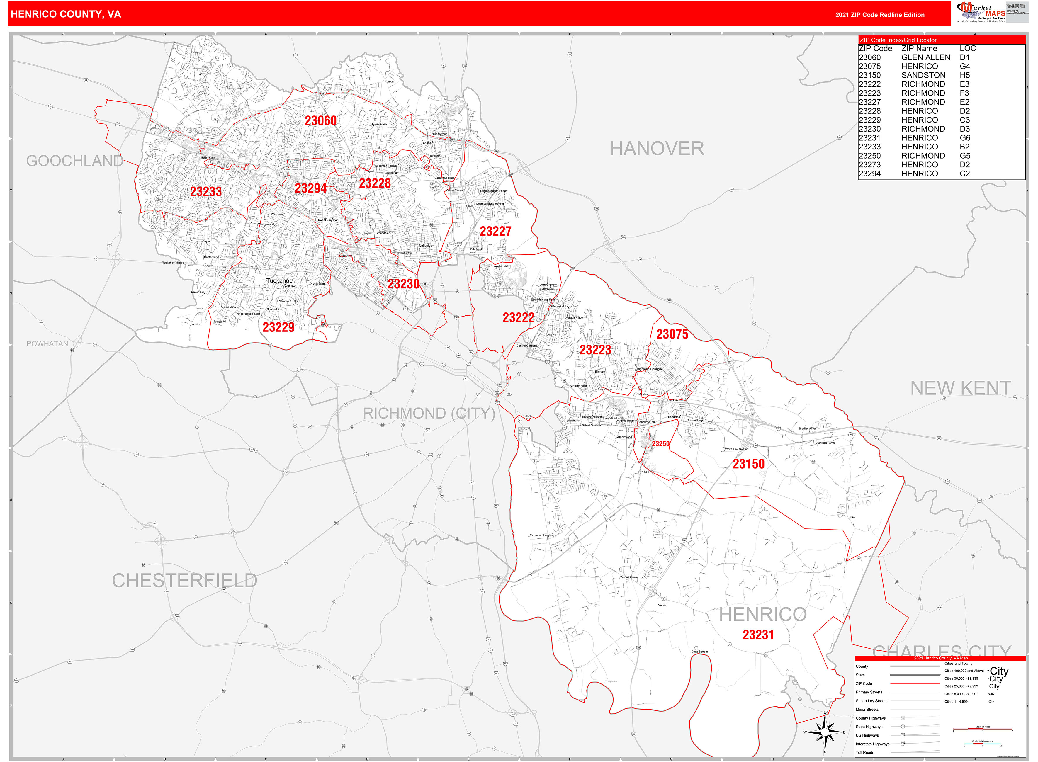 Henrico County, VA Zip Code Wall Map Red Line Style by MarketMAPS