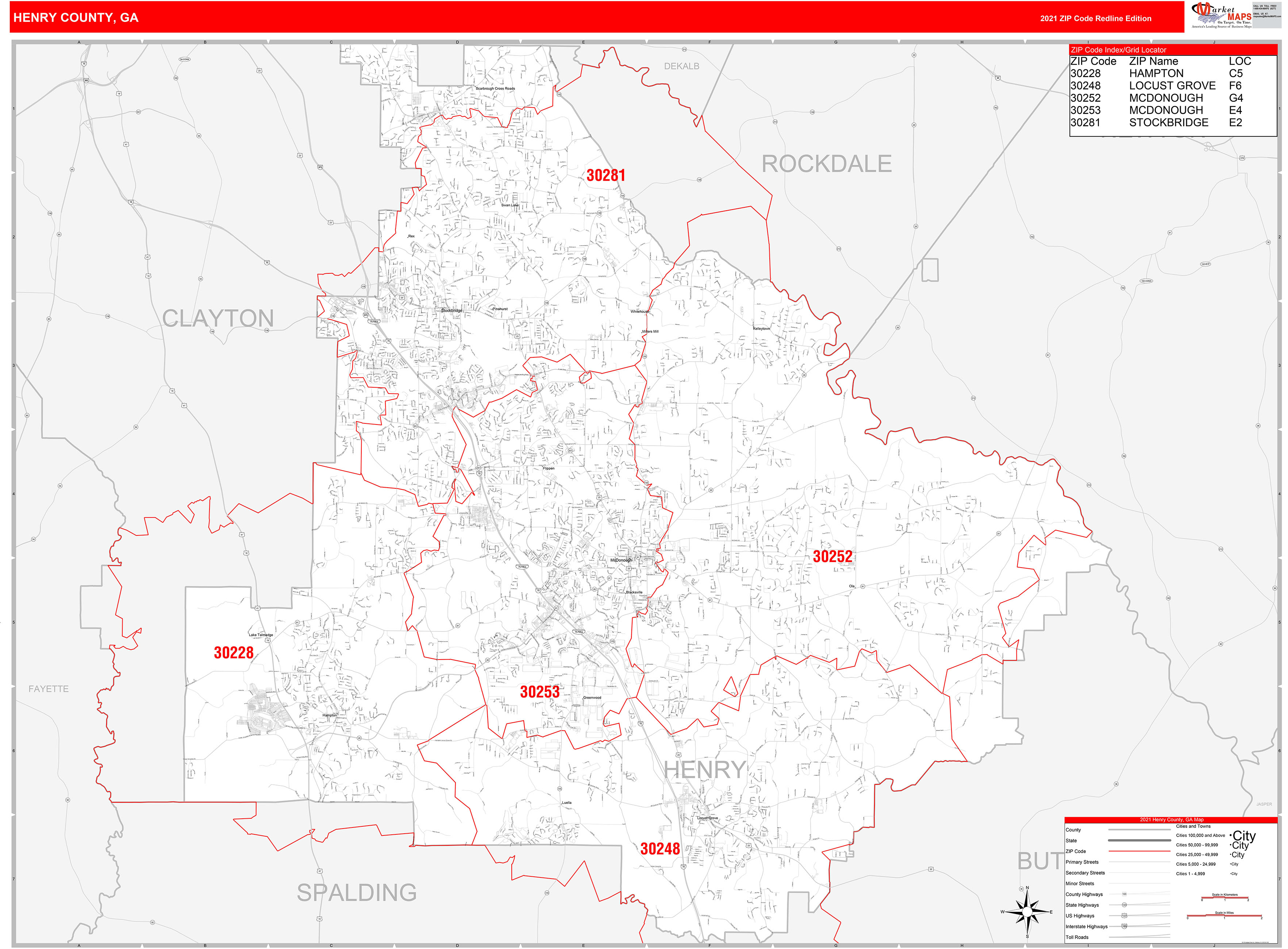 Henry County, GA Zip Code Wall Map Red Line Style by MarketMAPS MapSales