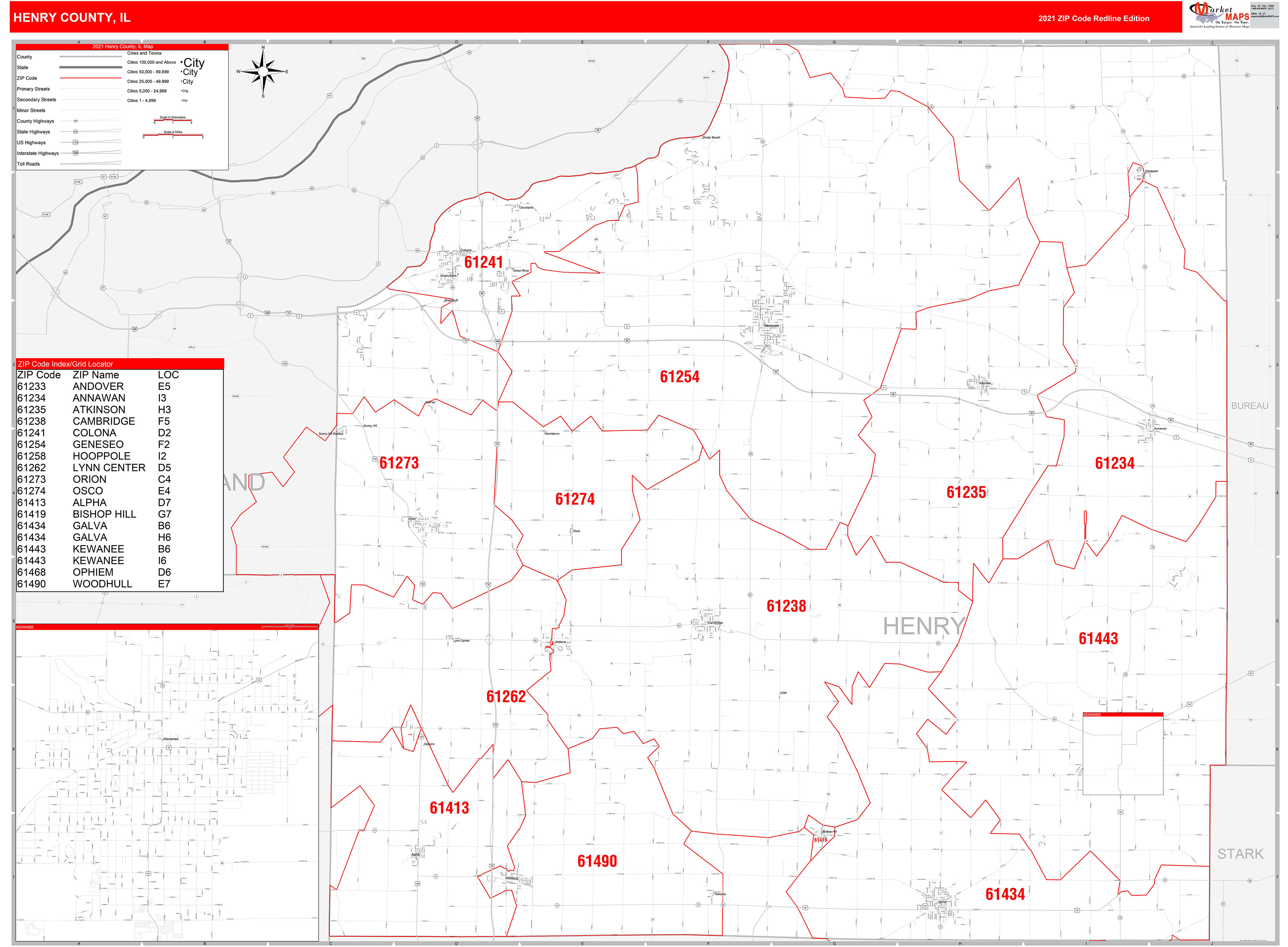 Henry County, IL Zip Code Wall Map Red Line Style by MarketMAPS