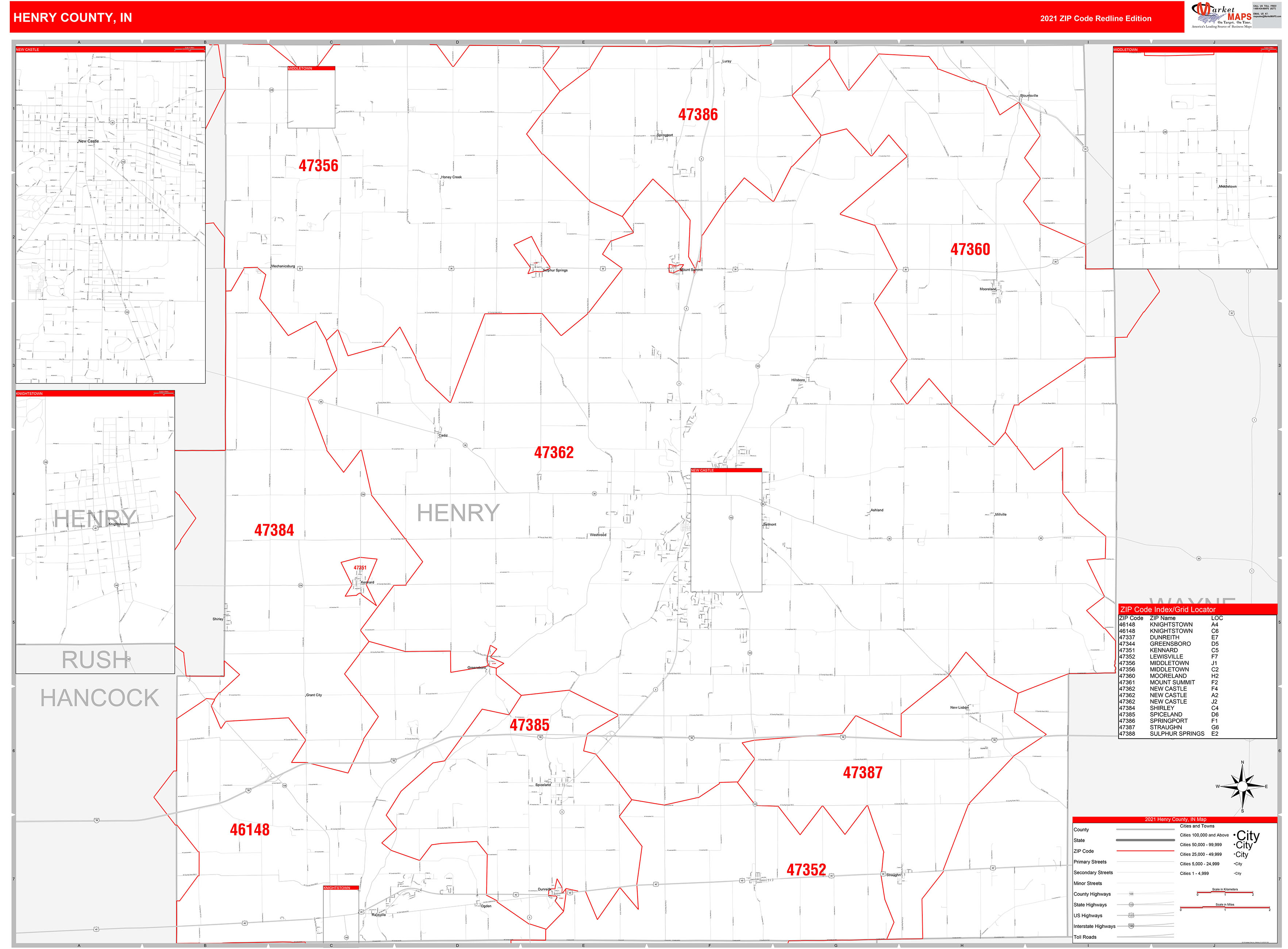 Henry County, IN Zip Code Wall Map Red Line Style by MarketMAPS
