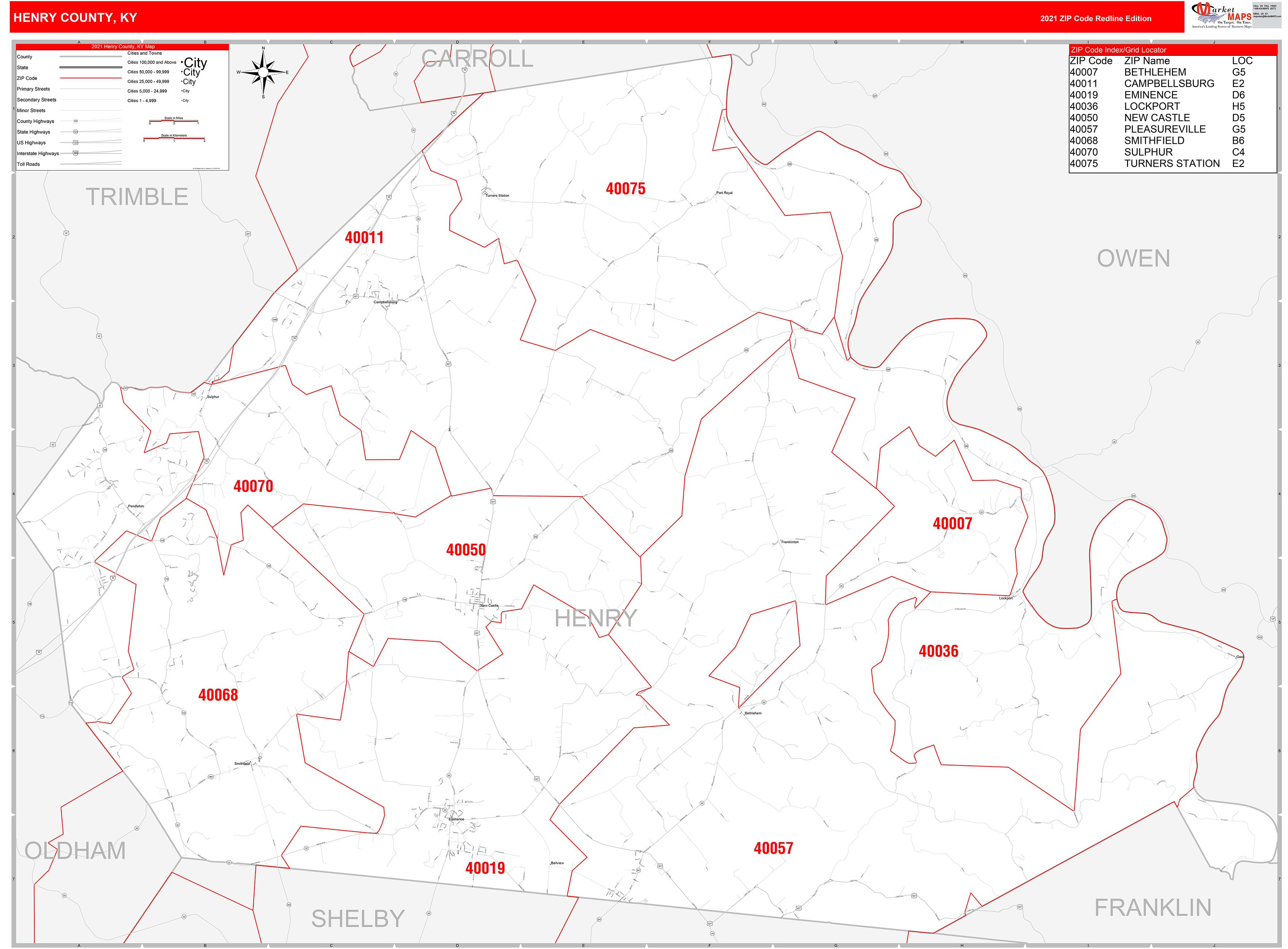 Henry County, KY Zip Code Wall Map Red Line Style by MarketMAPS
