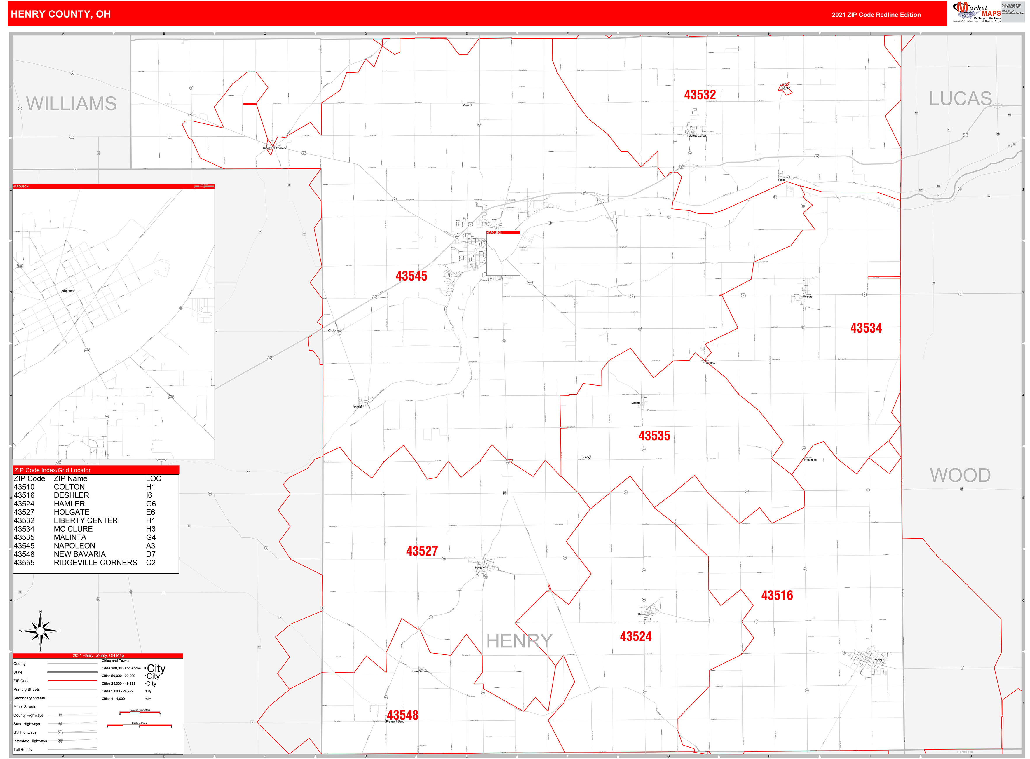 Henry County, OH Zip Code Wall Map Red Line Style by MarketMAPS MapSales