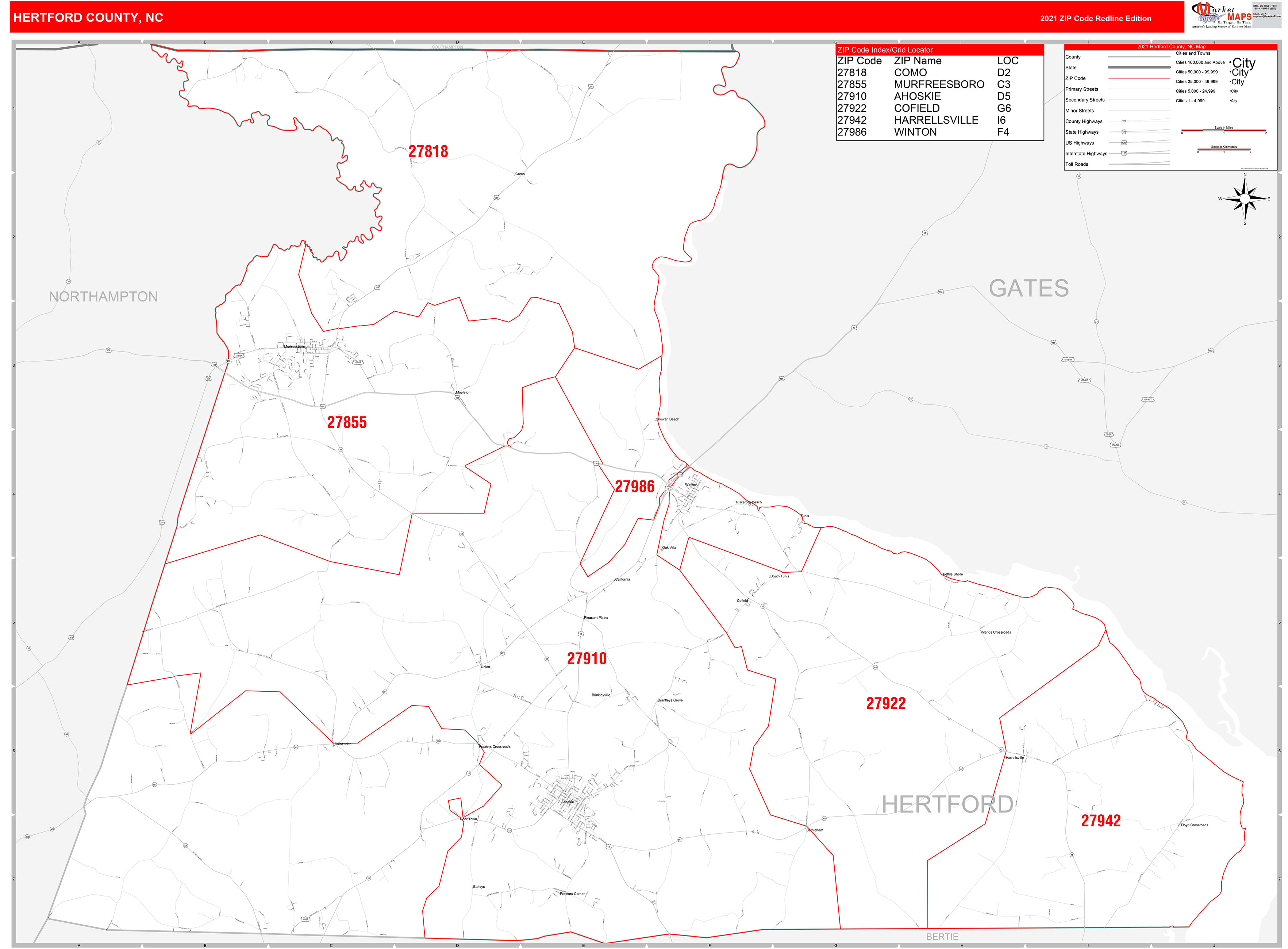 Hertford County, NC Zip Code Wall Map Red Line Style by MarketMAPS