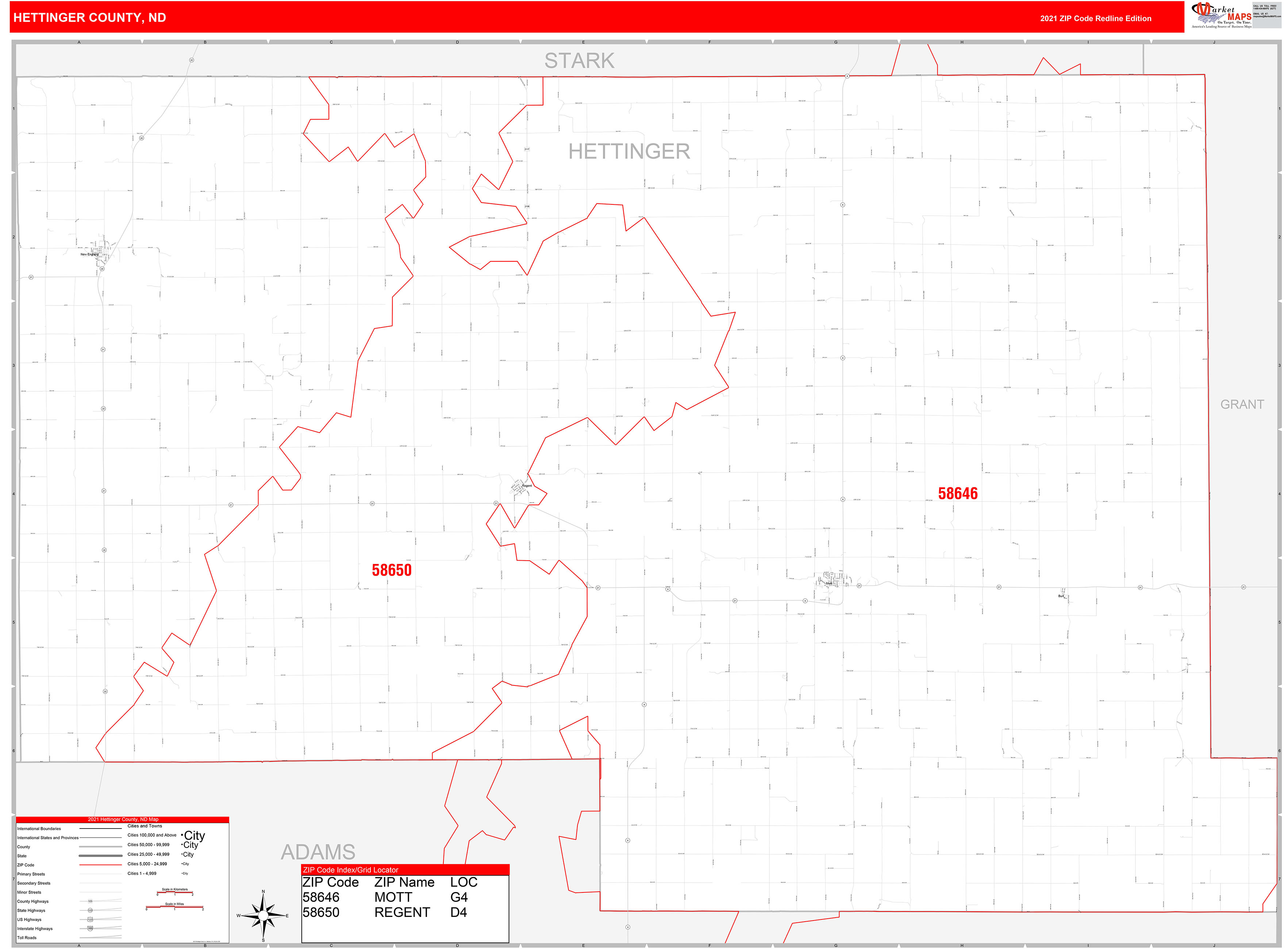 Hettinger County, ND Zip Code Wall Map Red Line Style by MarketMAPS