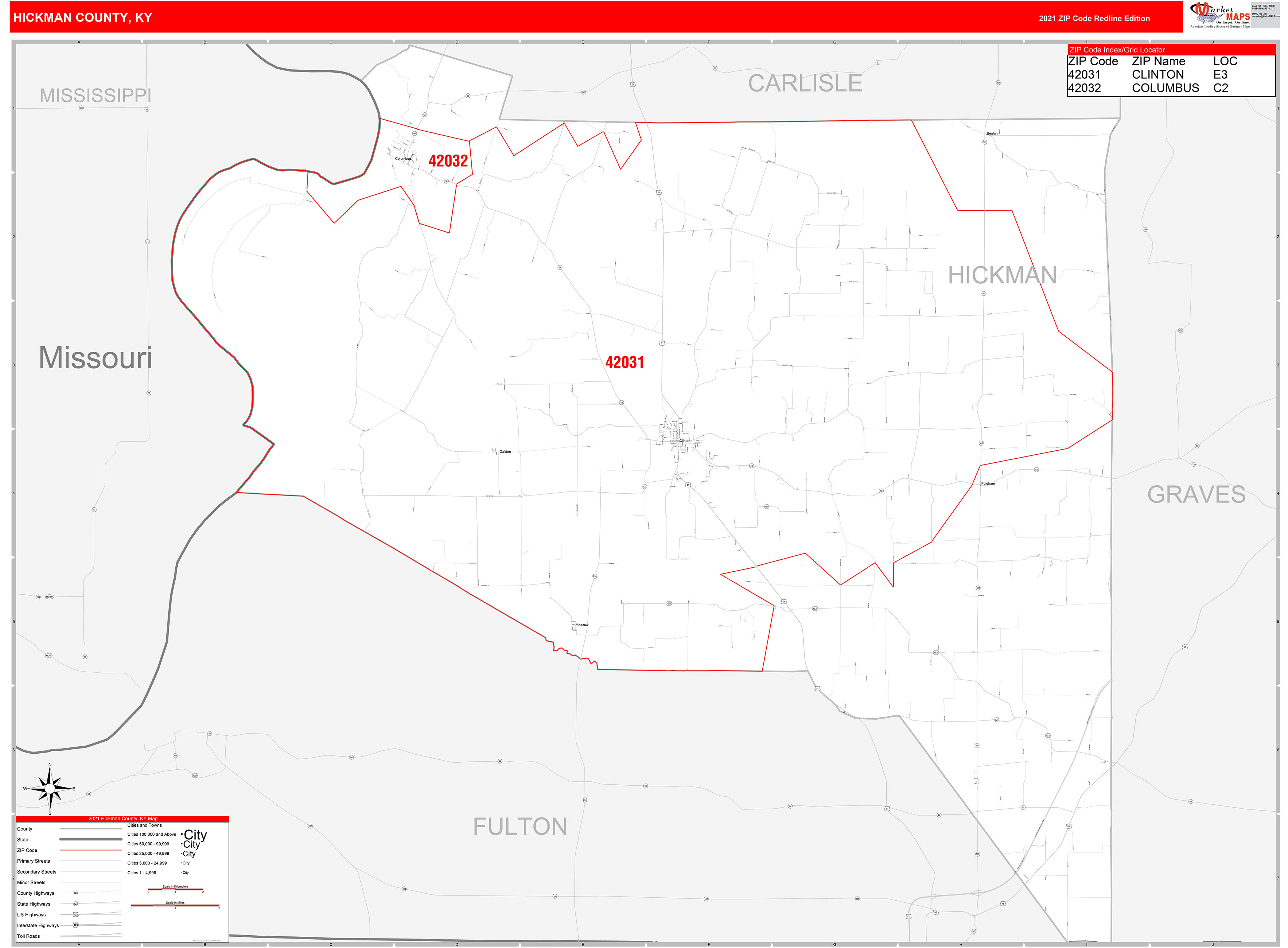 Hickman County, KY Zip Code Wall Map Red Line Style by MarketMAPS MapSales
