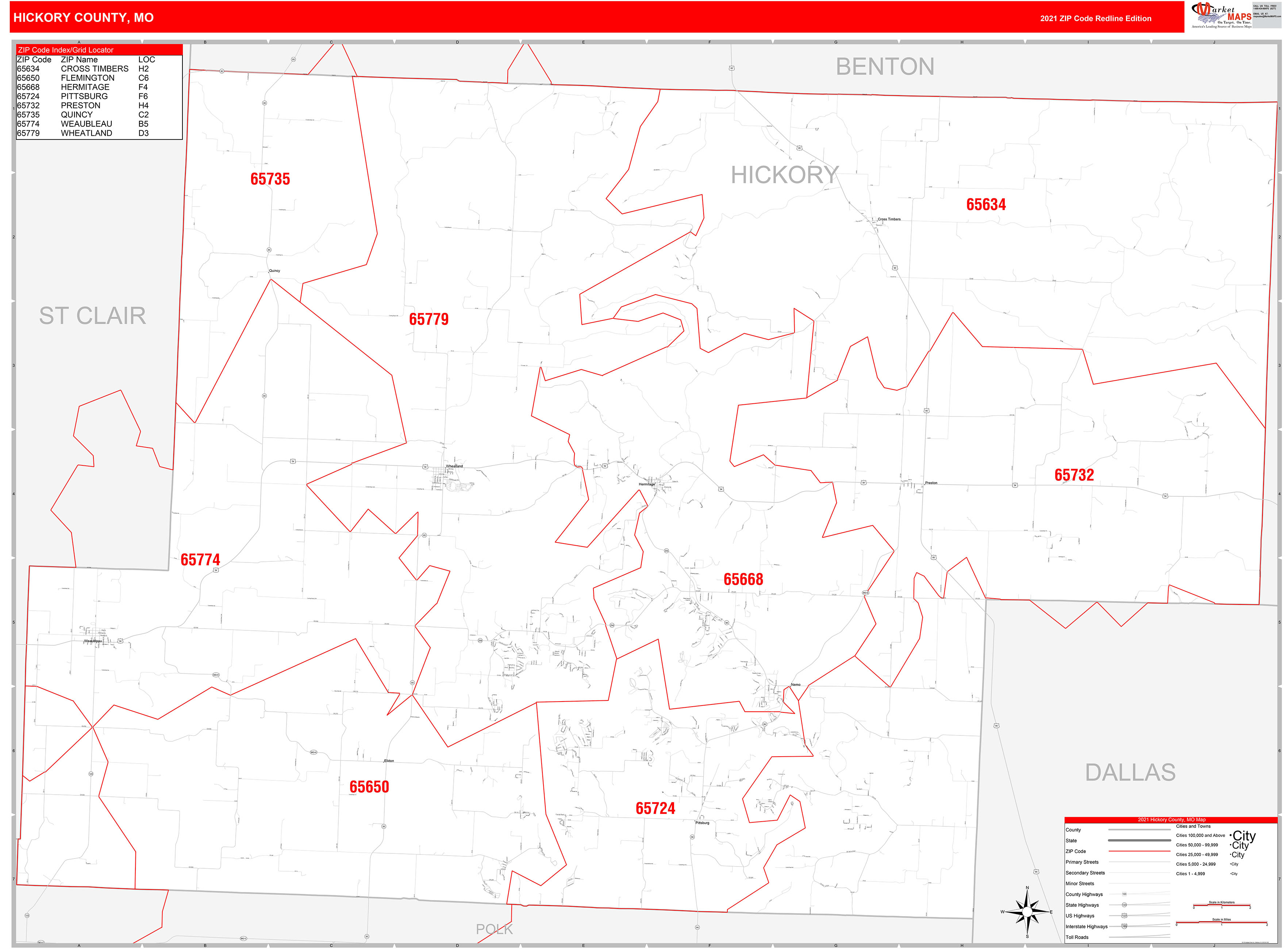 Hickory County, MO Zip Code Wall Map Red Line Style by MarketMAPS