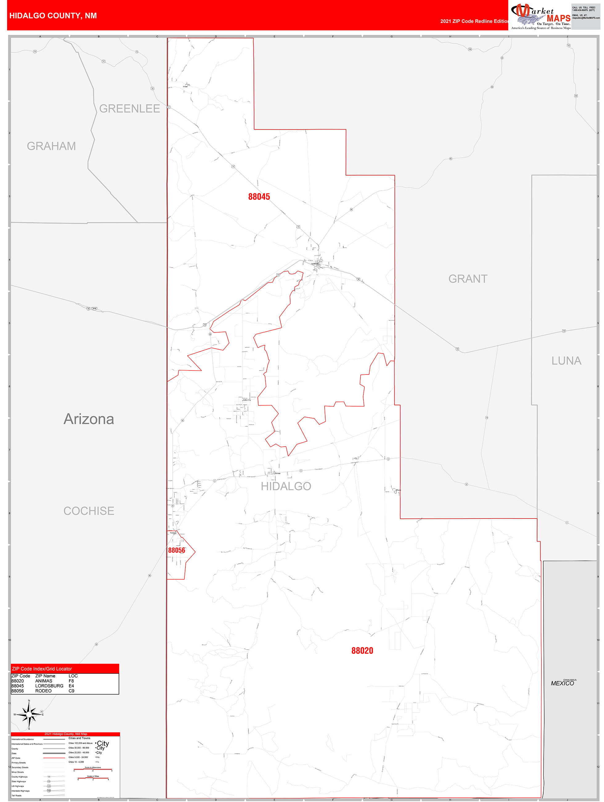 Hidalgo County, NM Zip Code Wall Map Red Line Style by MarketMAPS