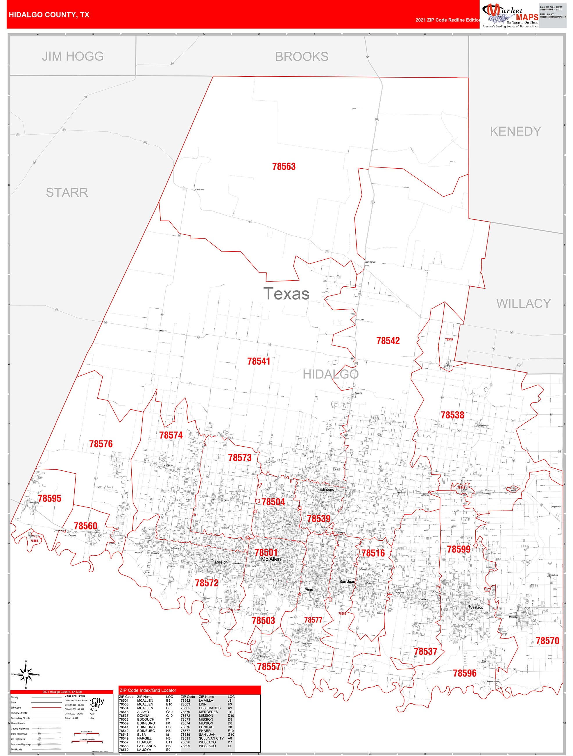 Hidalgo County Tx Zip Code Wall Map Red Line Style By Marketmaps