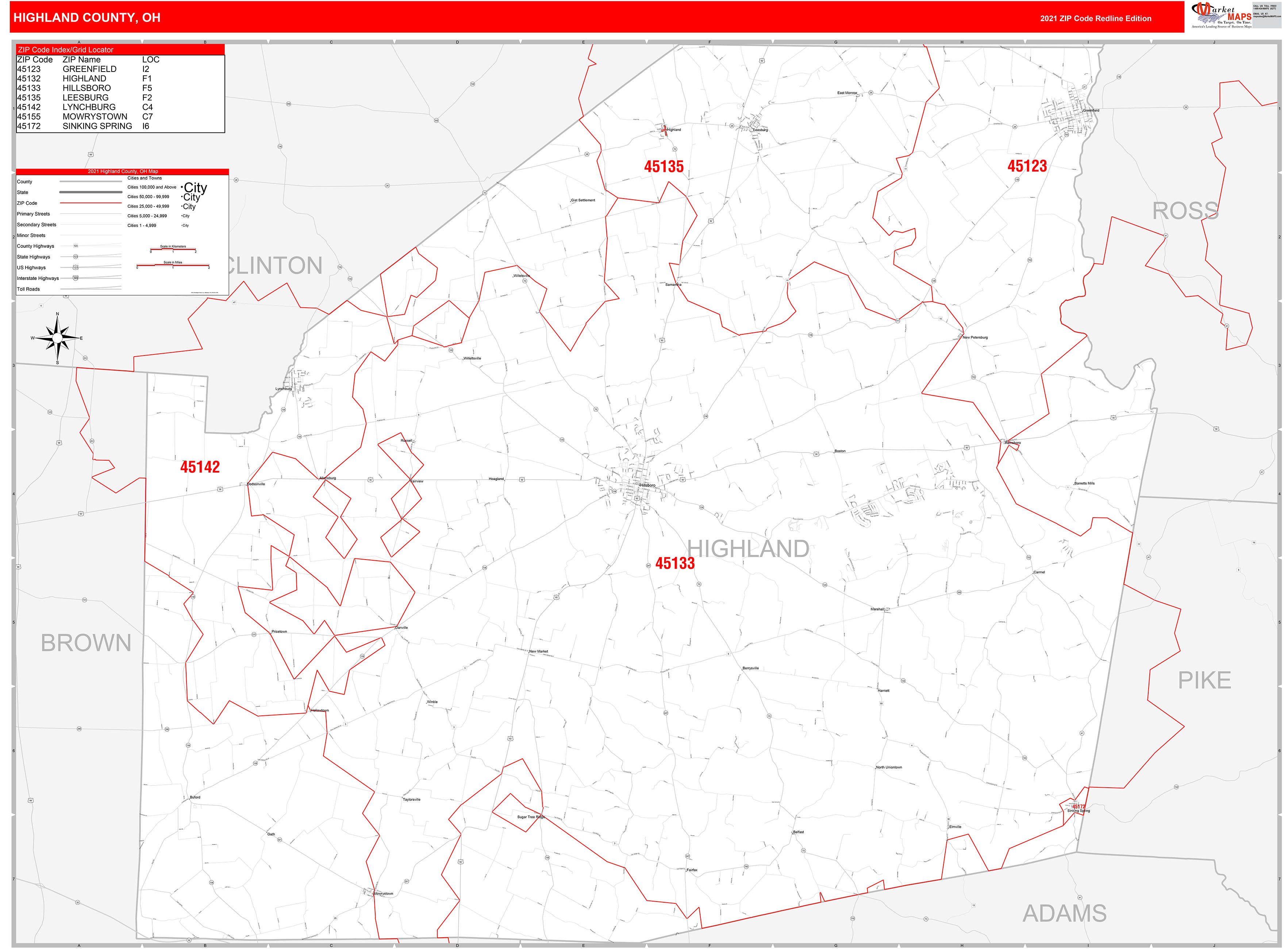 Highland County, OH Zip Code Wall Map Red Line Style by MarketMAPS