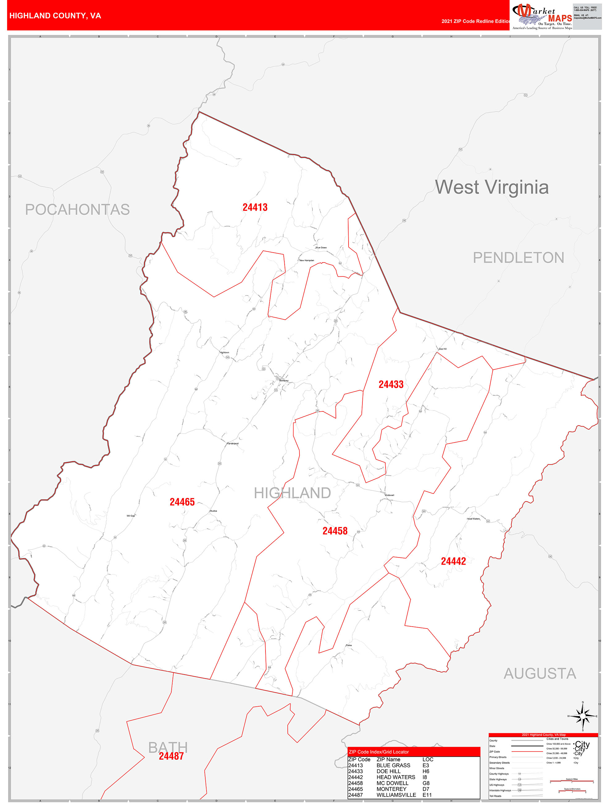 Highland County, VA Zip Code Wall Map Red Line Style by MarketMAPS