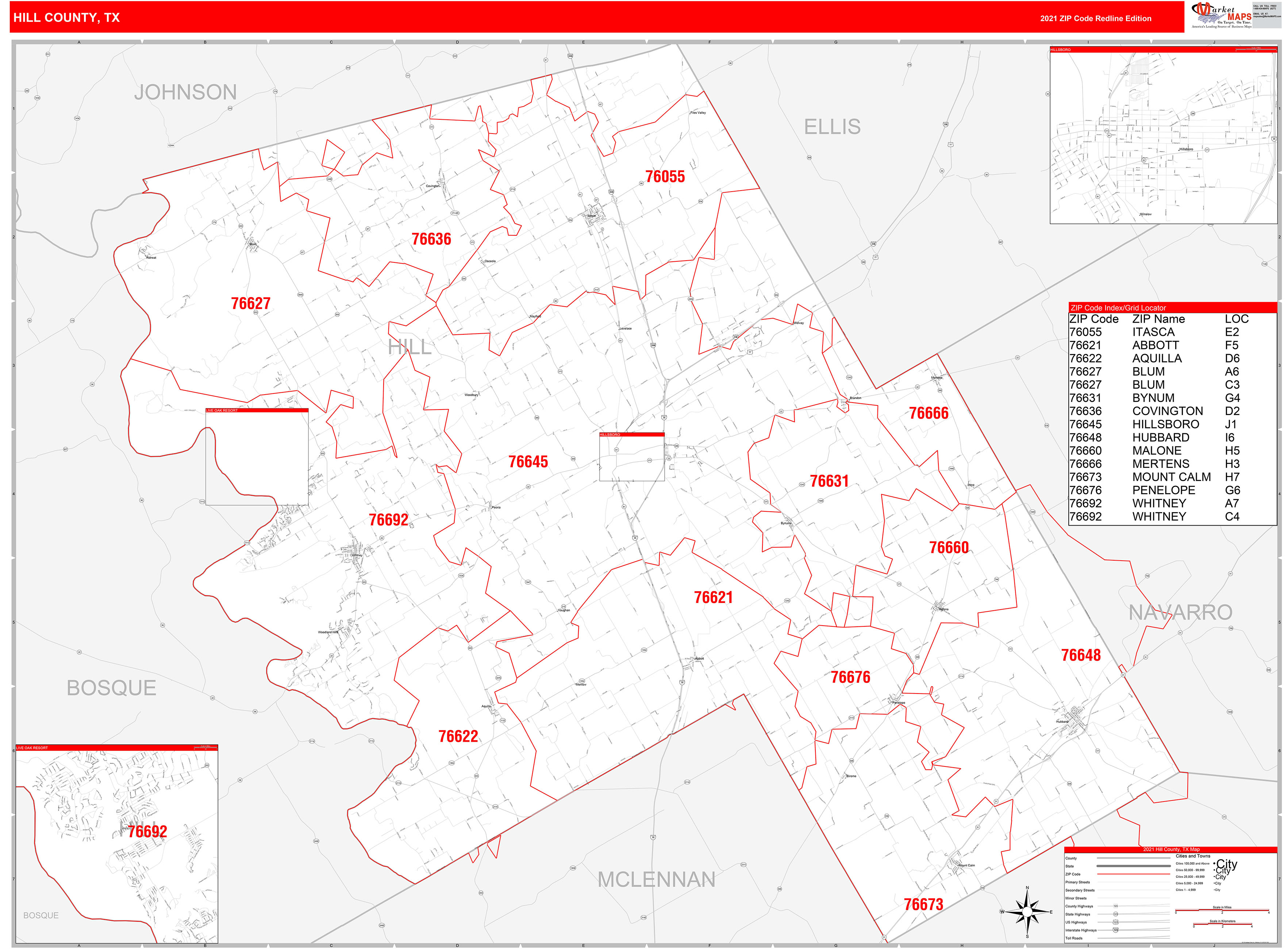 Hill County, TX Zip Code Wall Map Red Line Style by MarketMAPS MapSales