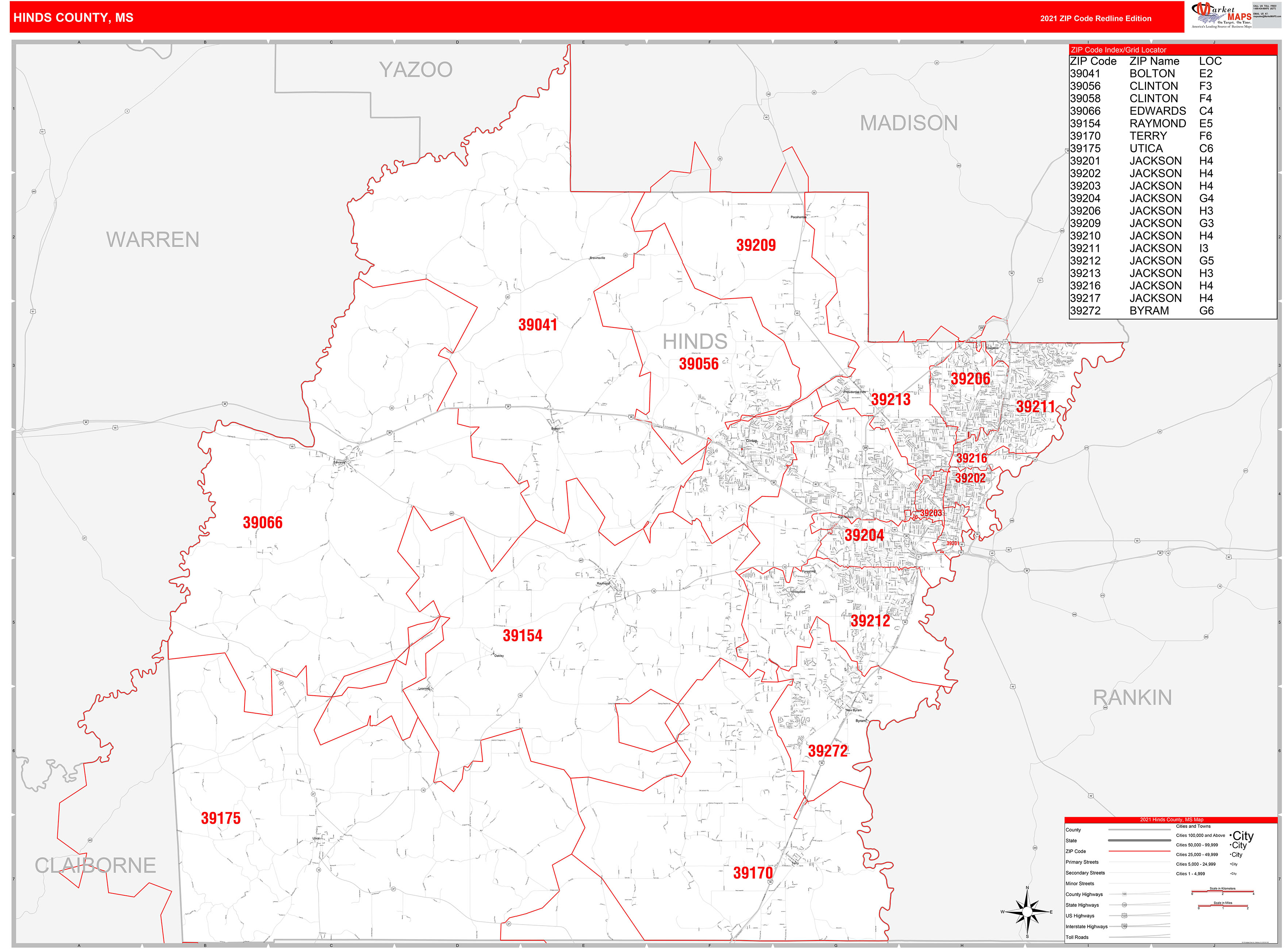 Hinds County, MS Zip Code Wall Map Red Line Style by MarketMAPS MapSales