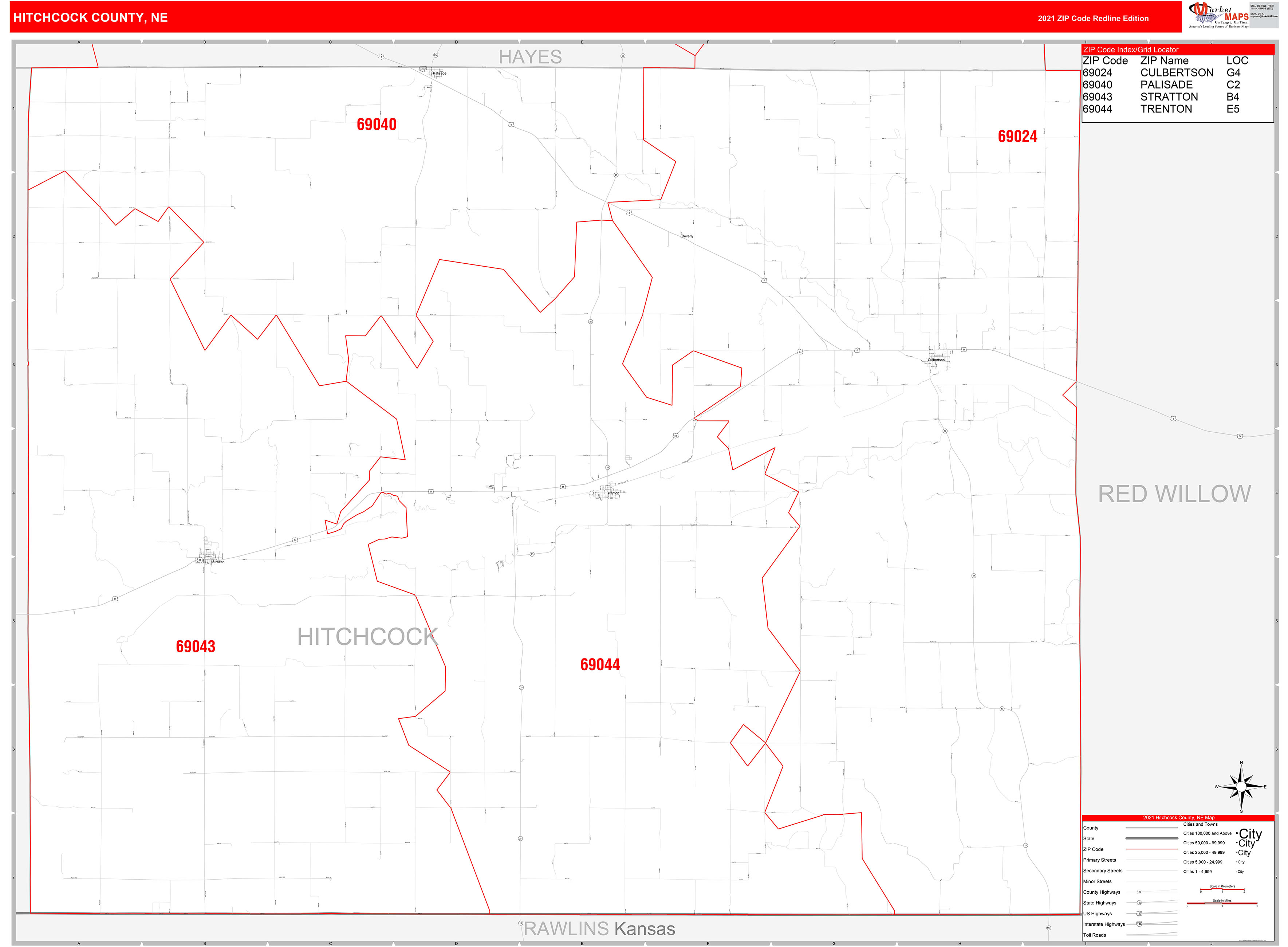 Hitchcock County, NE Zip Code Wall Map Red Line Style by MarketMAPS