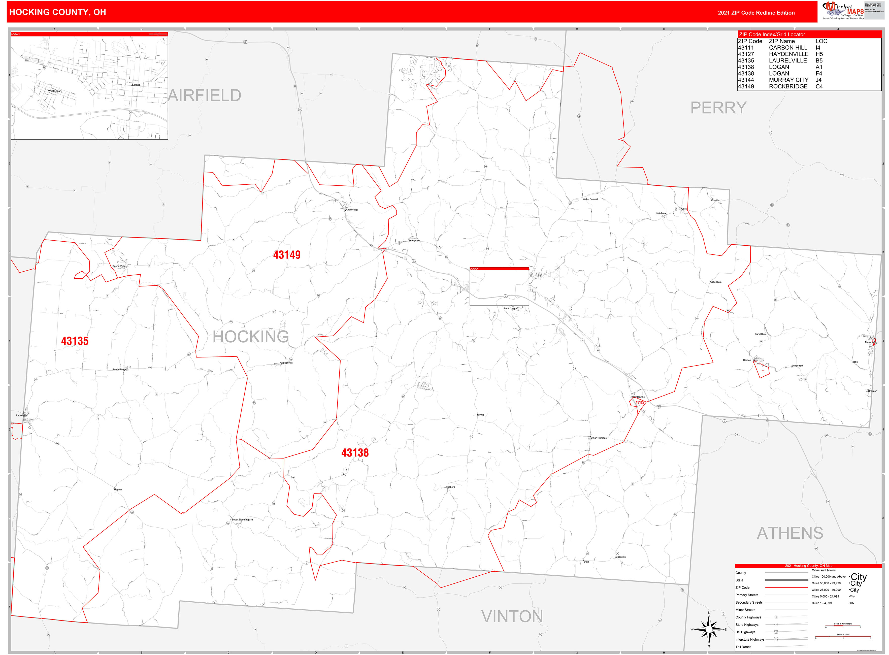 Hocking County, OH Zip Code Wall Map Red Line Style by MarketMAPS