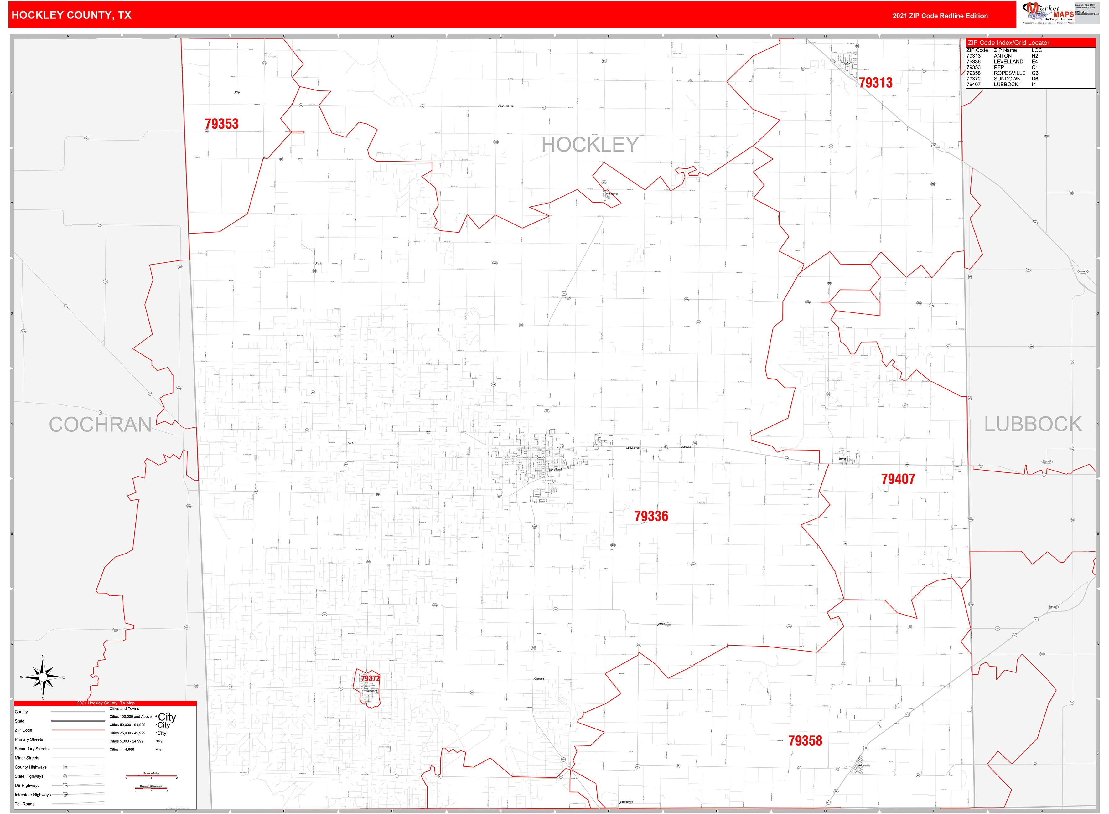 Hockley County, TX Zip Code Wall Map Red Line Style by MarketMAPS