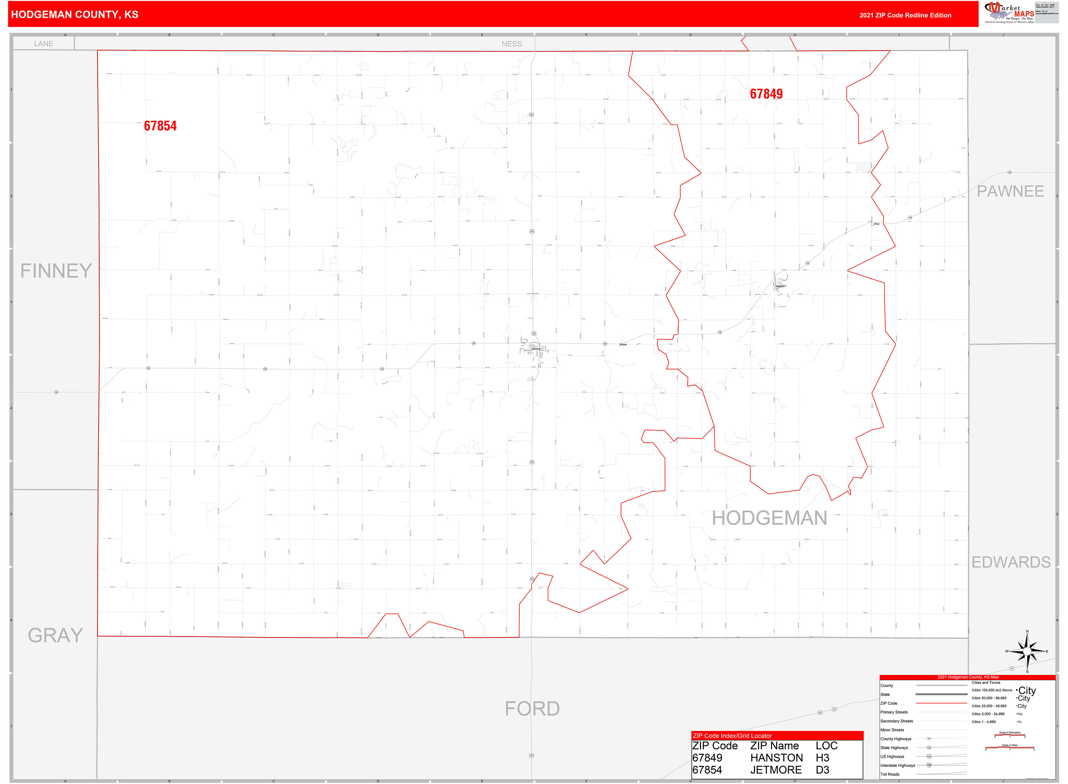 Hodgeman County, KS Zip Code Wall Map Red Line Style by MarketMAPS