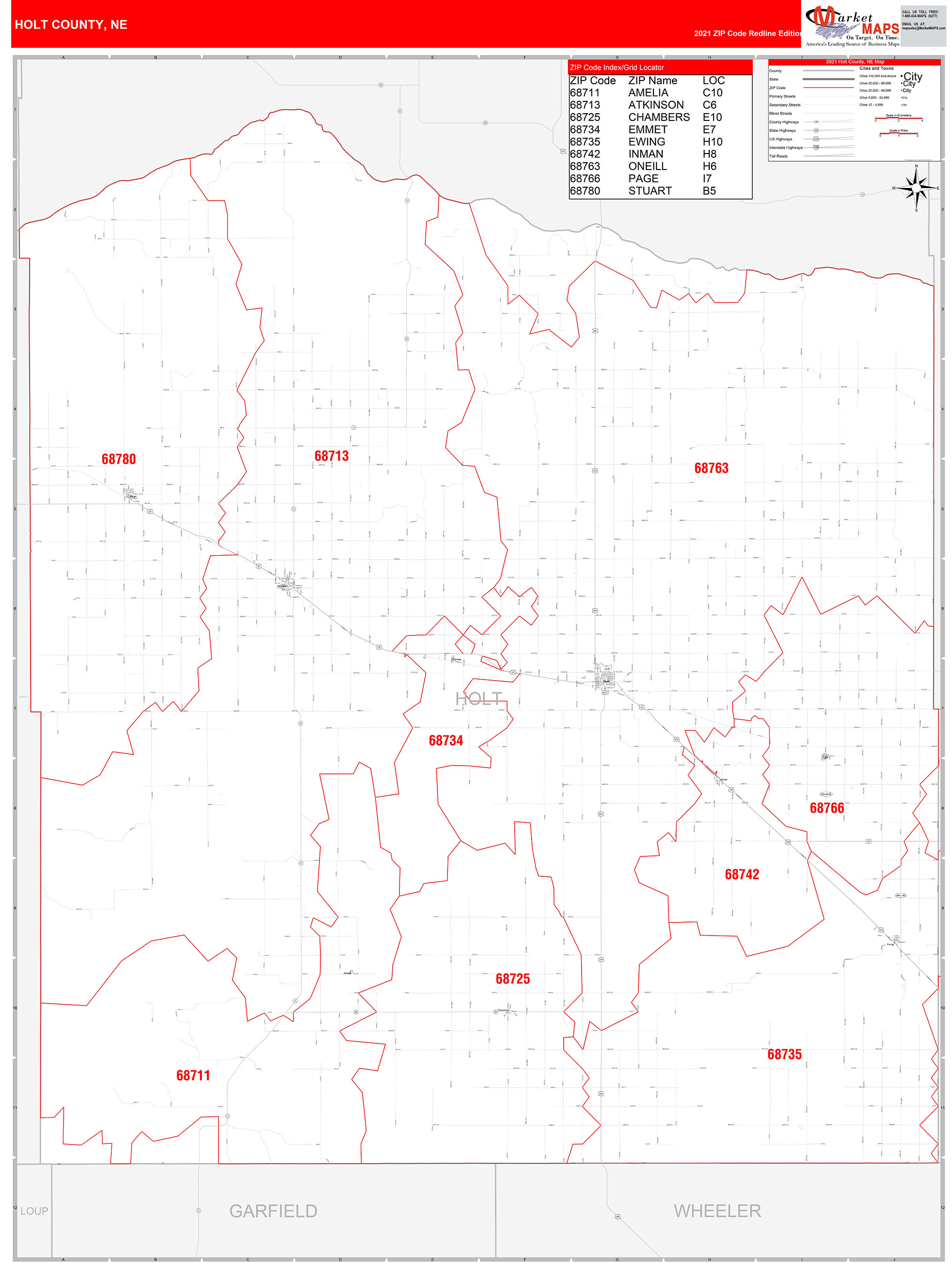Holt County, NE Zip Code Wall Map Red Line Style by MarketMAPS