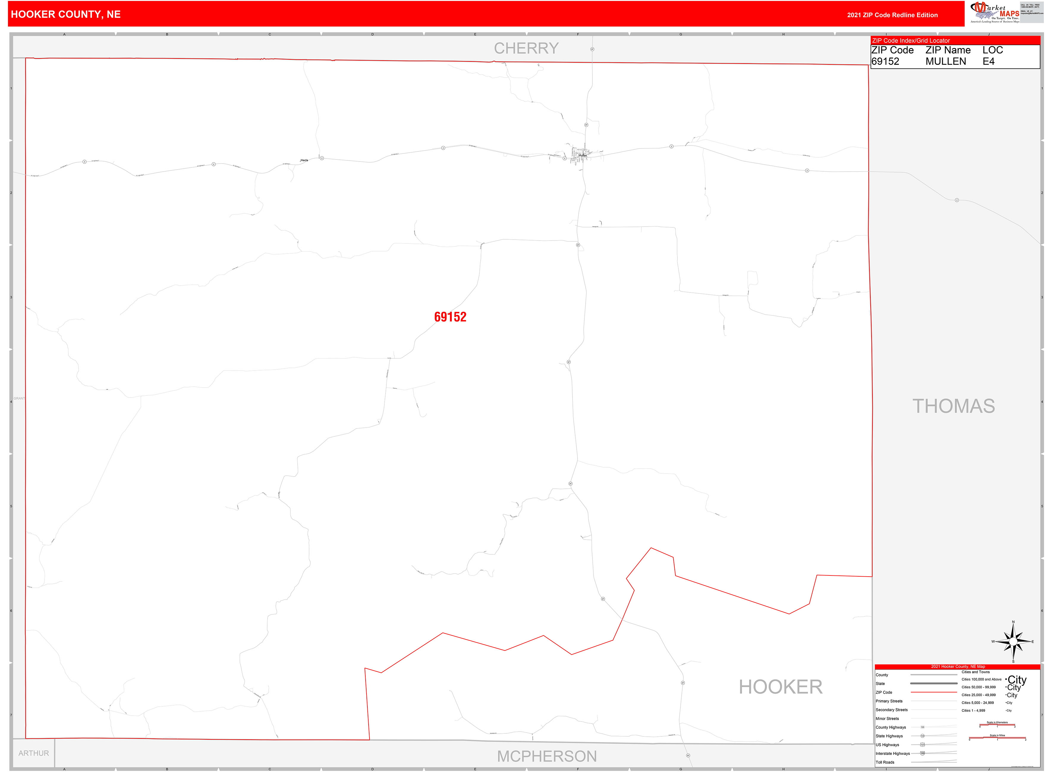 Hooker County, NE Zip Code Wall Map Red Line Style by MarketMAPS ...
