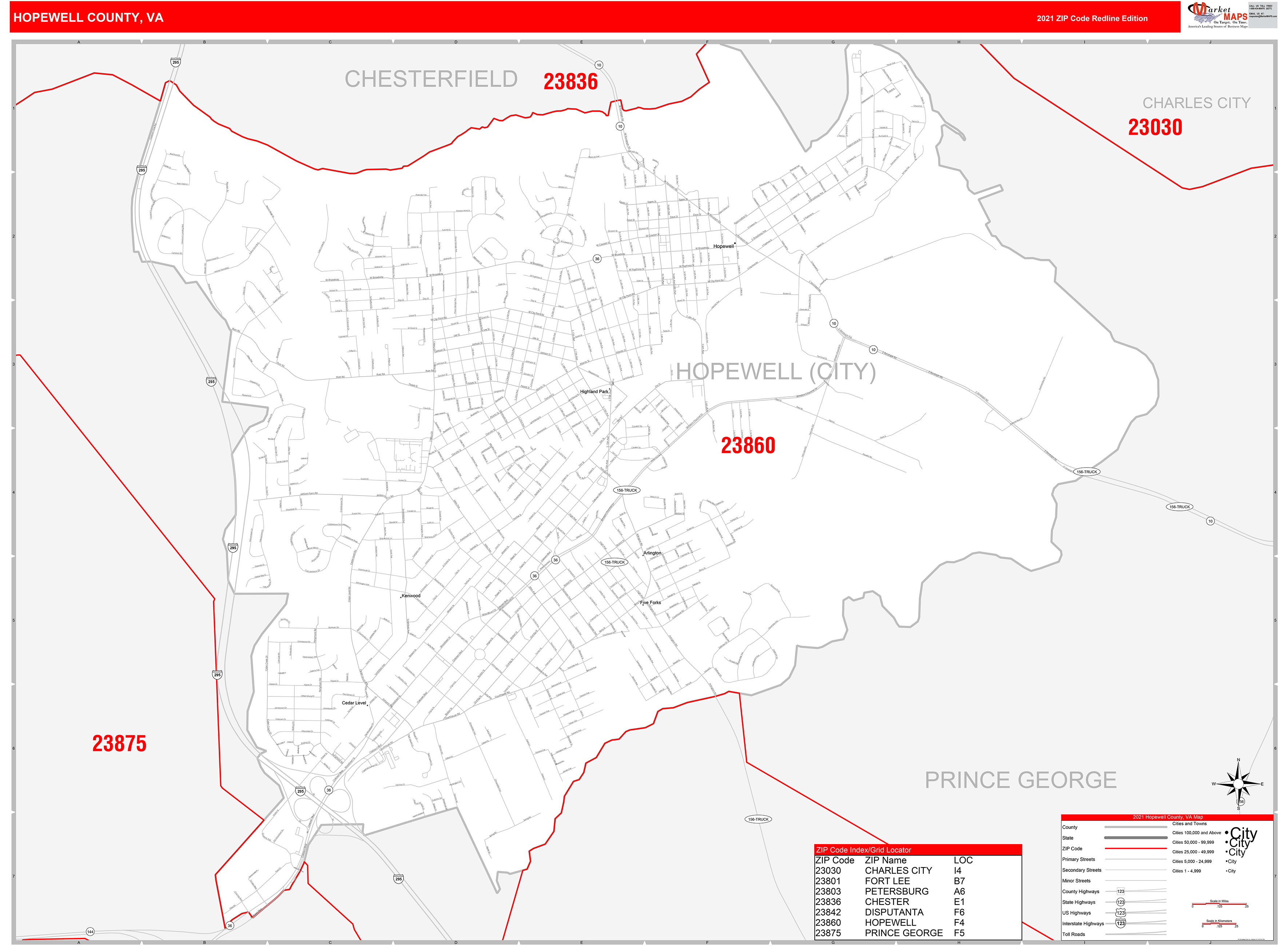 Hopewell County, VA Zip Code Wall Map Red Line Style by MarketMAPS MapSales